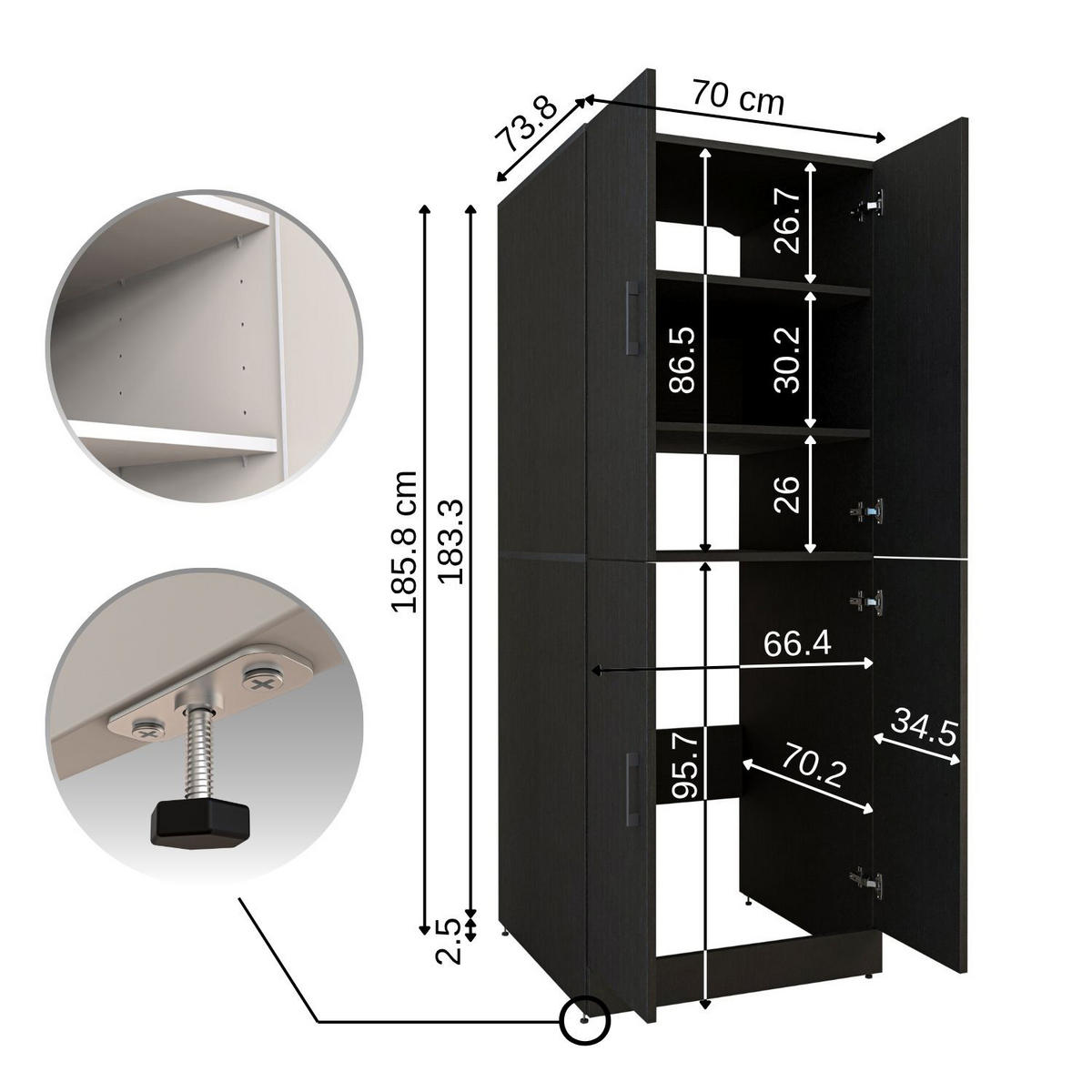 WASCHMASCHINENSCHRANK DORA-II 70cm Breit - Schwarz, Holzwerkstoff (70/186/74cm)