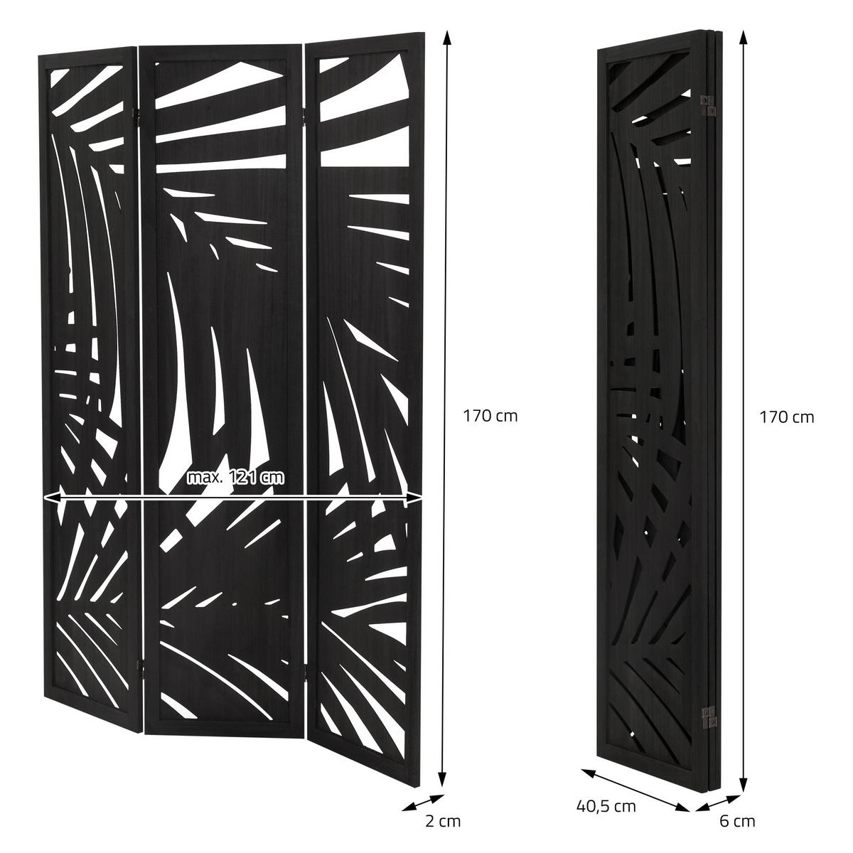 PARAVENT 3 teilig Sapporo 170x121 cm Schwarz aus Holz - Braun, Holz (121/170/2cm) - ML-DESIGN