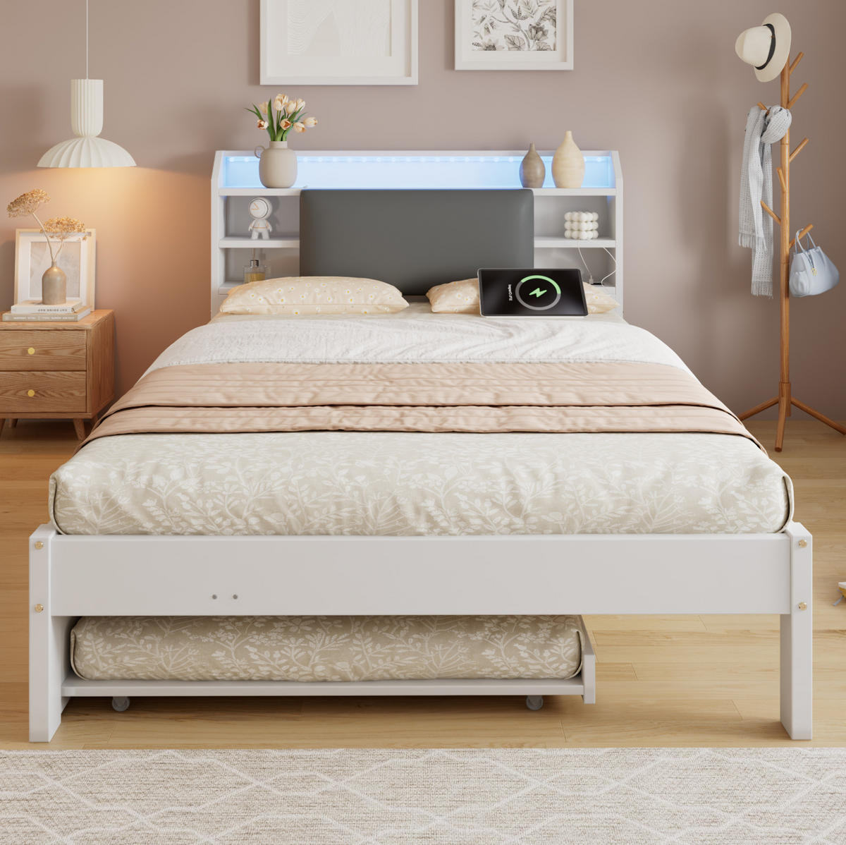 FUNKTIONSBETT aus Kiefernholz und MDF 120x200 cm Weiß mit Ausziehbett 90x190 cm, LED und Ladestation - Weiß, Holz (120/200cm) - IVMEU