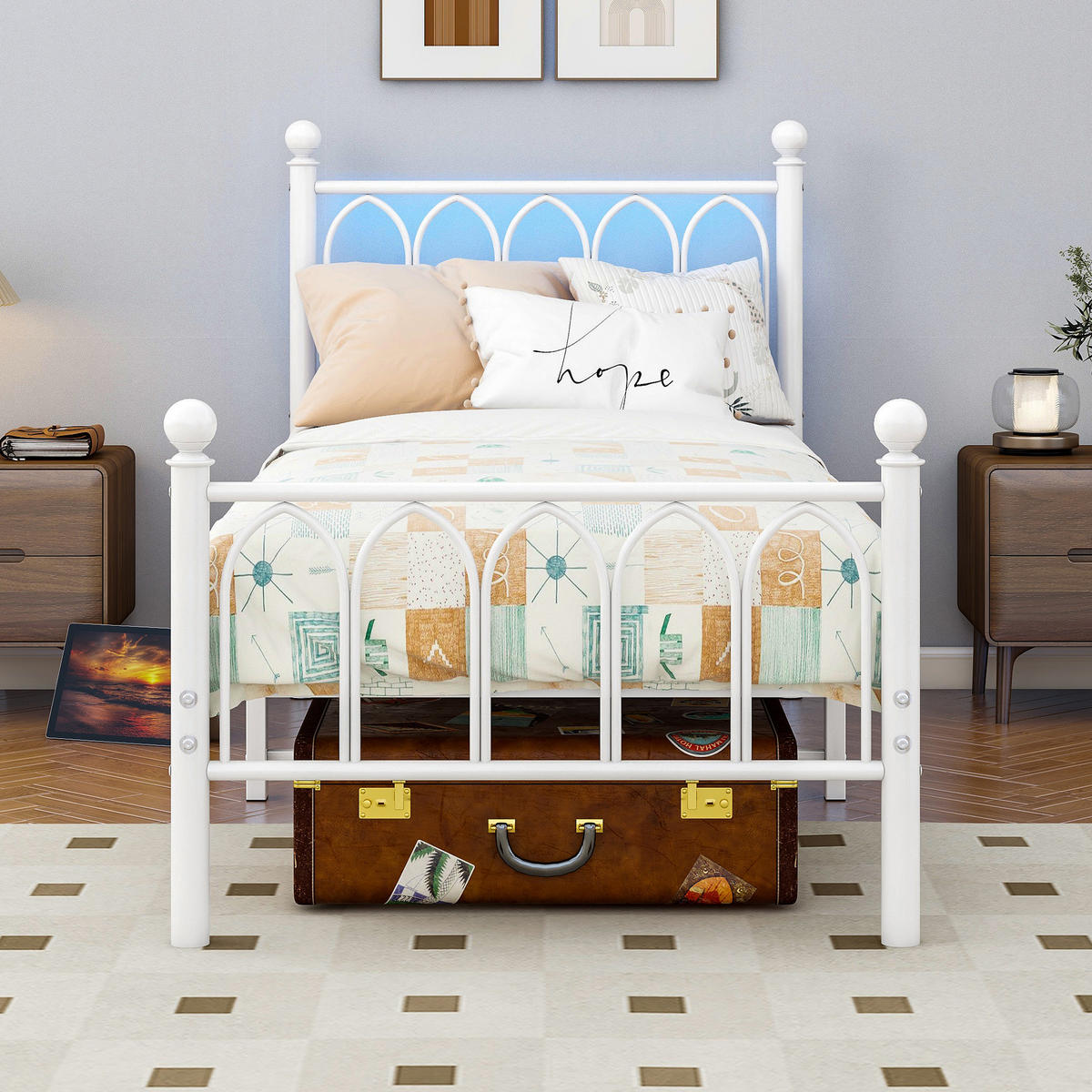 METALLBETT 90x200 cm LED USB Vintage weiß - Weiß, Metall (90/200cm) - LEBENLANG