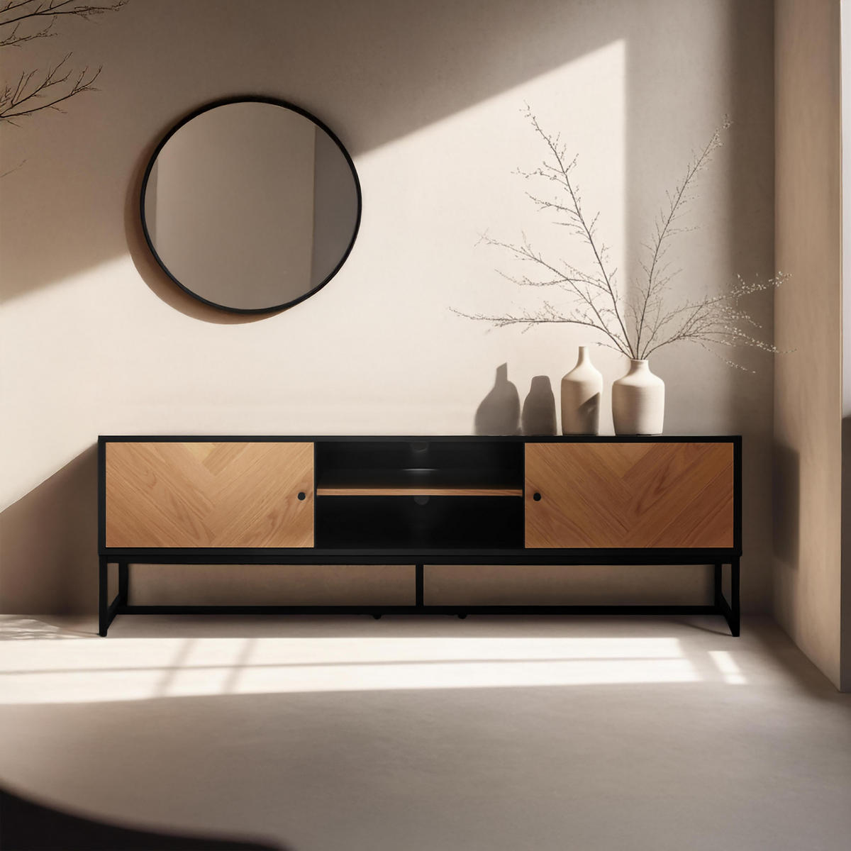 TV-SCHRANK, Schwarz - Schwarz, Holz/Holzwerkstoff (160/50/40cm) - Oviala