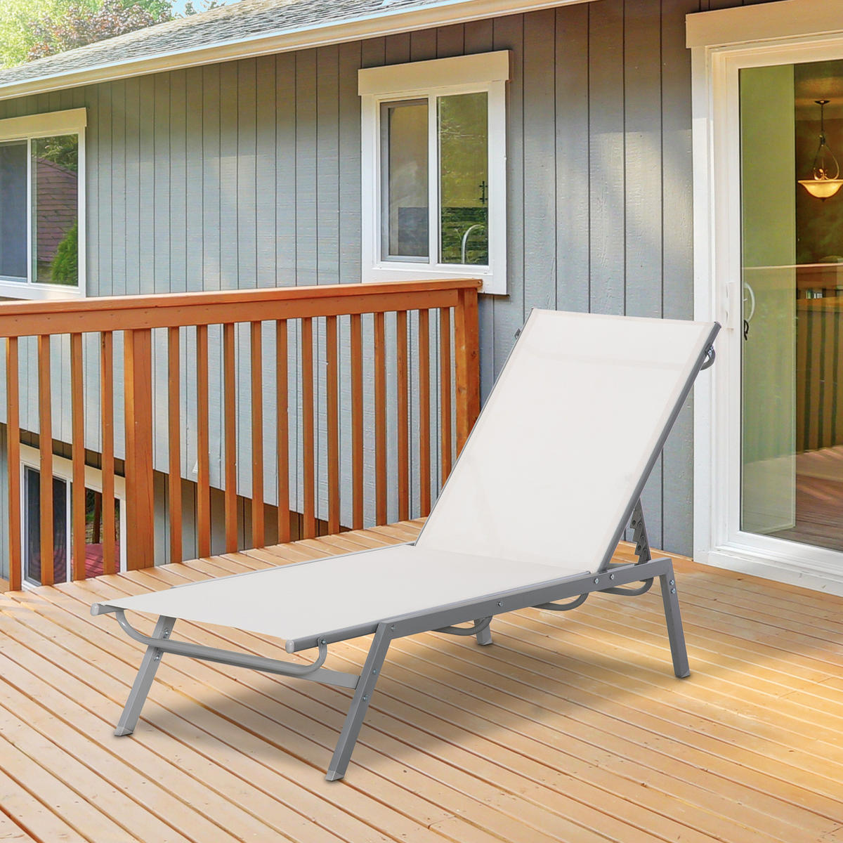 GARTENLIEGE mit 5-stufige Rückenlehne aus Metall, 170 x 58 x 97 cm - Creme, Kunststoff/Metall (58/97/170cm) - Outsunny