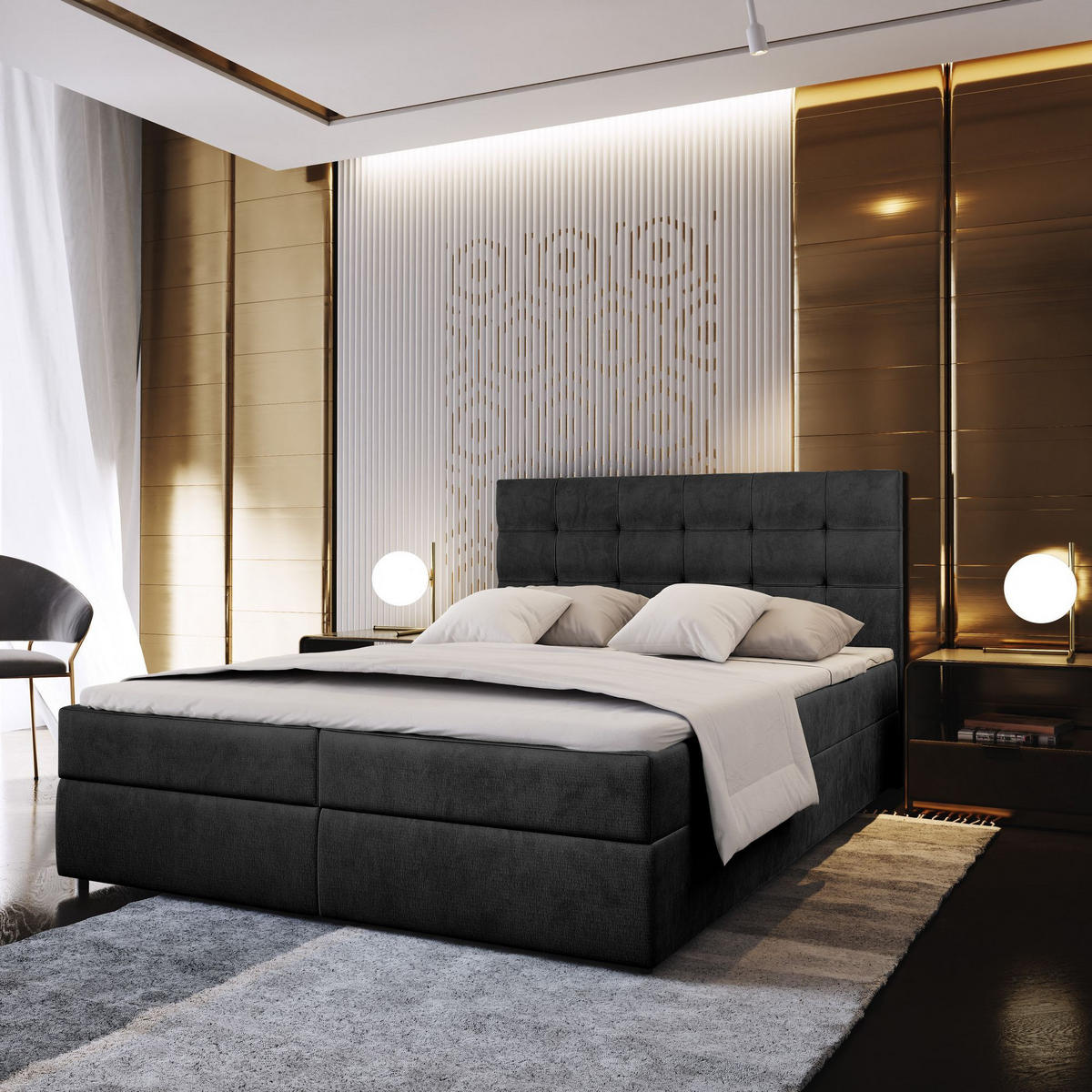 BOXBETT GLOS M 160x200 cm mit Matratze und Topper - Schwarz - Schwarz, Holz (160/200cm) - MASSENO