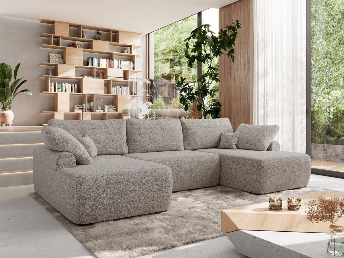 WOHNLANDSCHAFT CUBO U Beige Struktur - Beige/Schwarz, Kunststoff/Textil (370/100/187cm) - MKS