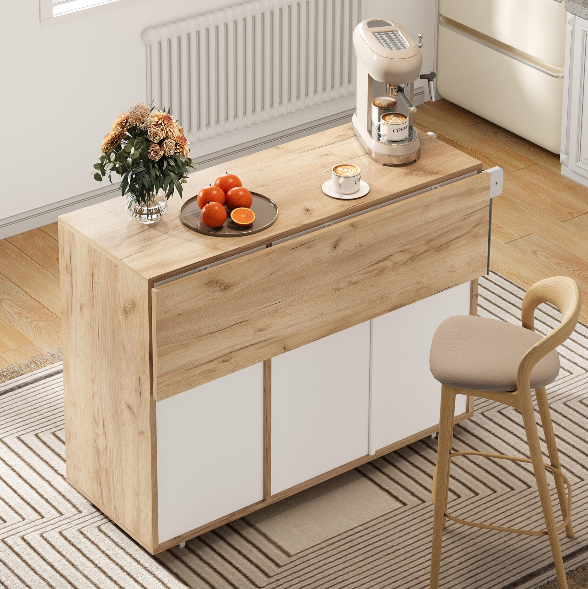 KÜCHENINSEL 120/46/85 cm mit 360°-Rollen und vielseitigem Stauraum aus Holzwerkstoff, Weiß/Naturholz - Weiß, Holzwerkstoff (120/85/46cm) - Redom