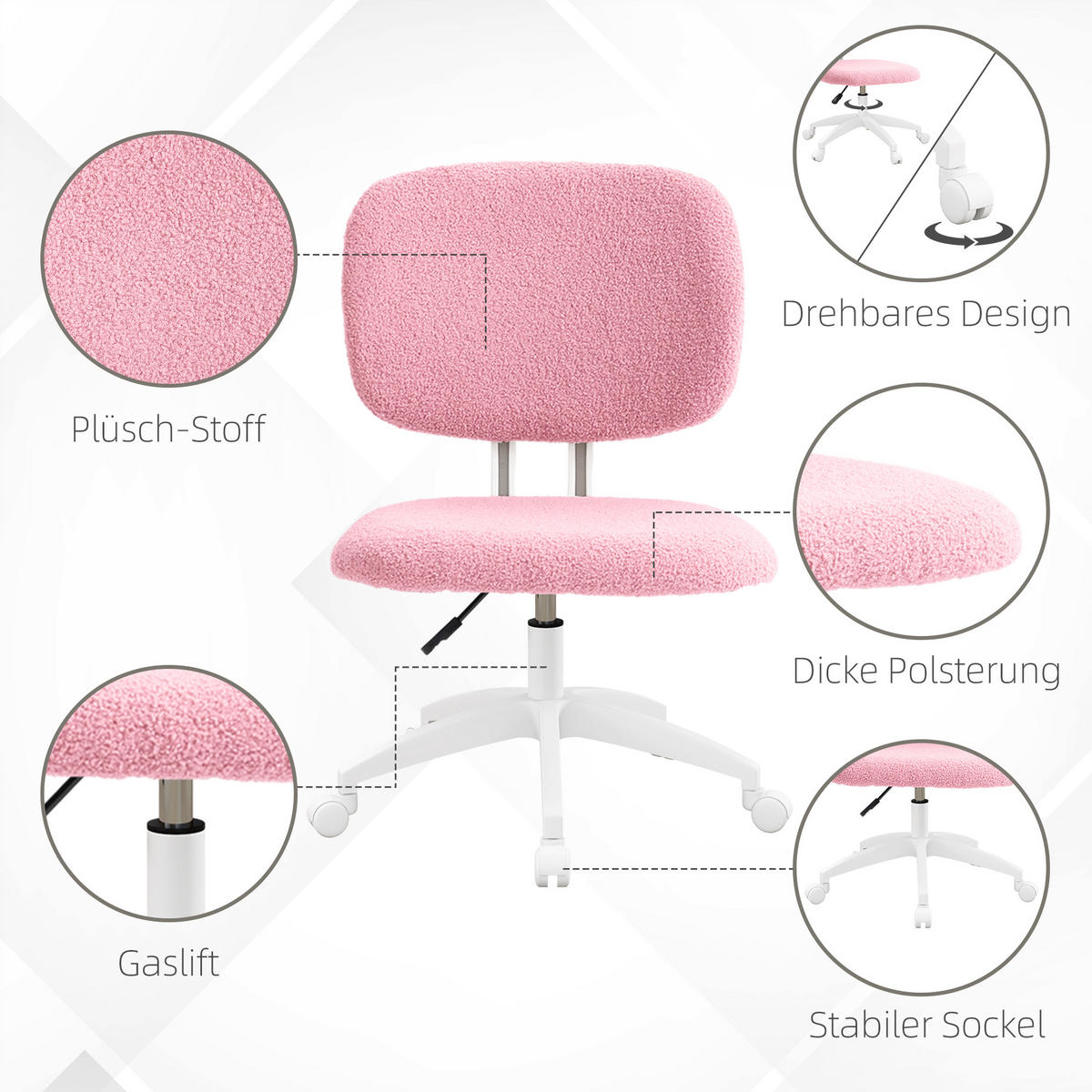 BÜROSTUHL, Ergonomischer Schreibtischstuhl, Höhenverstellbarer Computerstuhl - Rosa, Kunststoff (53/90/48cm) - Vinsetto