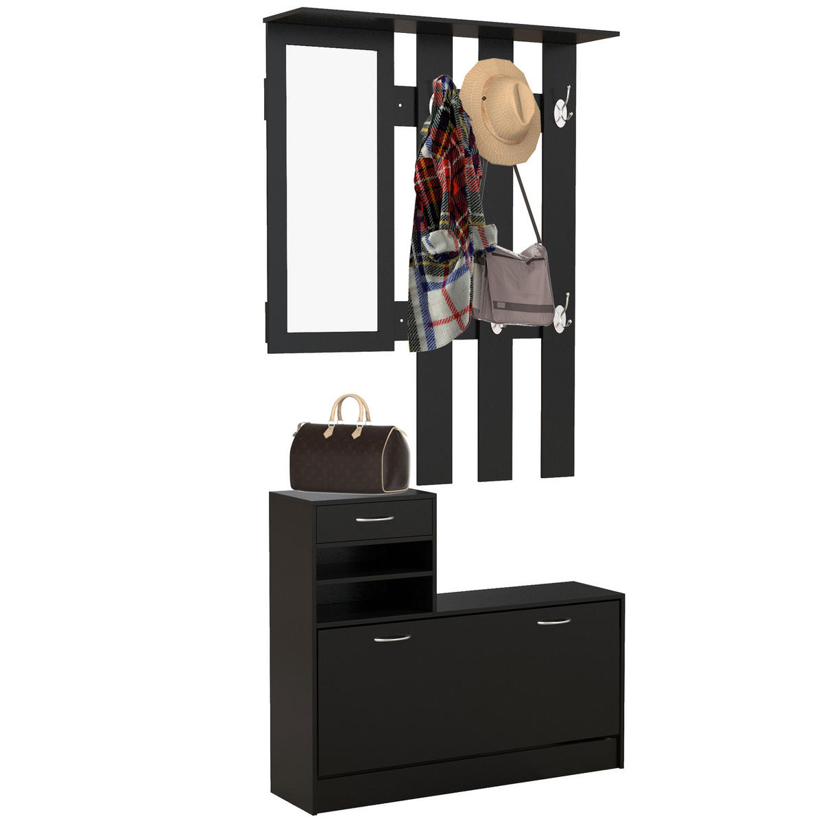 GARDEROBE DE-16743 3-in-1 mit Spiegel & Schuhbank Schwarz - Schwarz, Holzwerkstoff (10/91/90cm) - ComfortXL