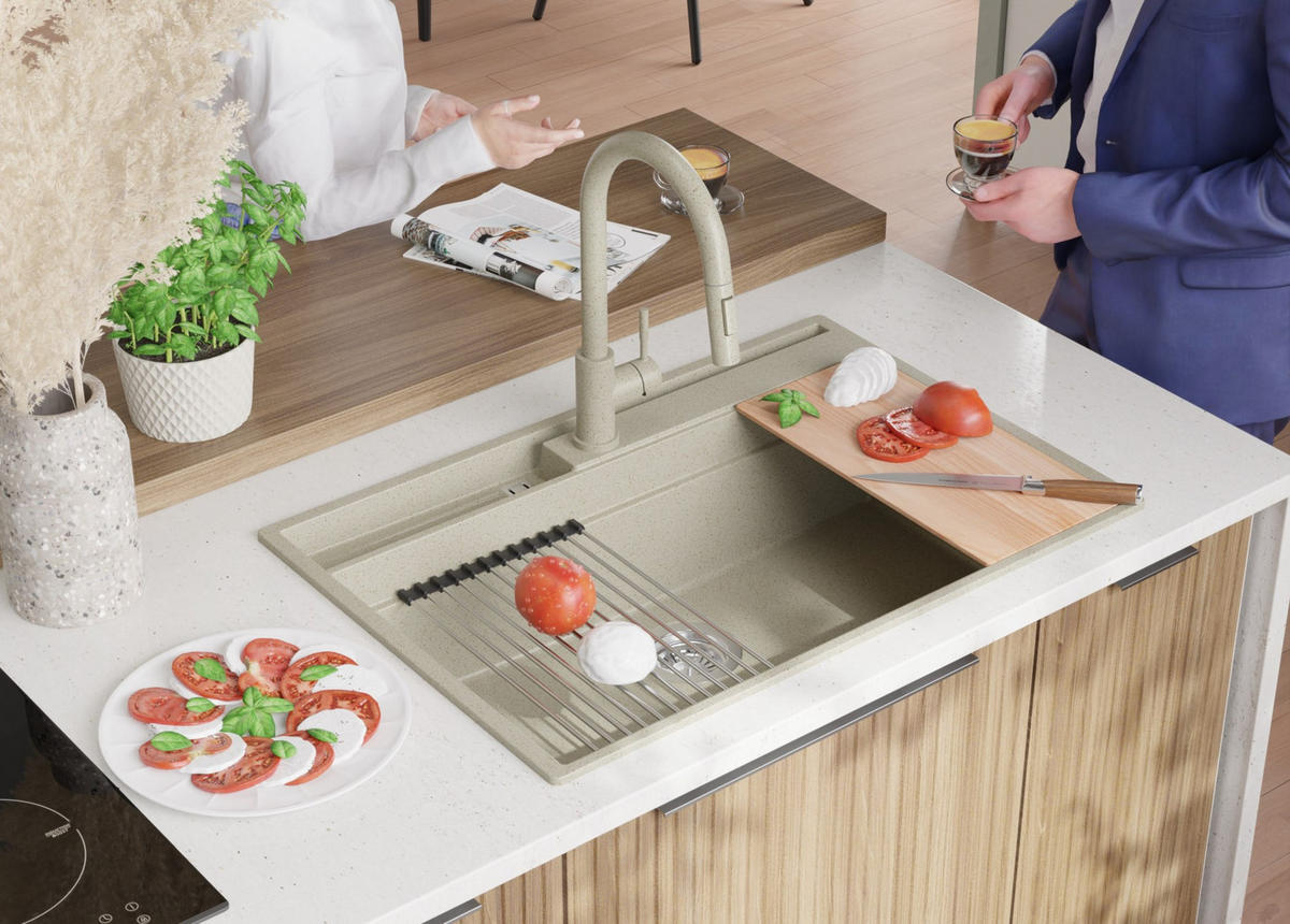 GRANITSPÜLE Oslo Pocket, 2-er set Beige 78/53 cm 1 Becken + Küchenarmatur 32/20 cm + Ablauf-Set + Küchenzubehörset ab 80er Unterschrank - Chromfarben/Beige, Kunststoff (78/20/53cm) - Primagran