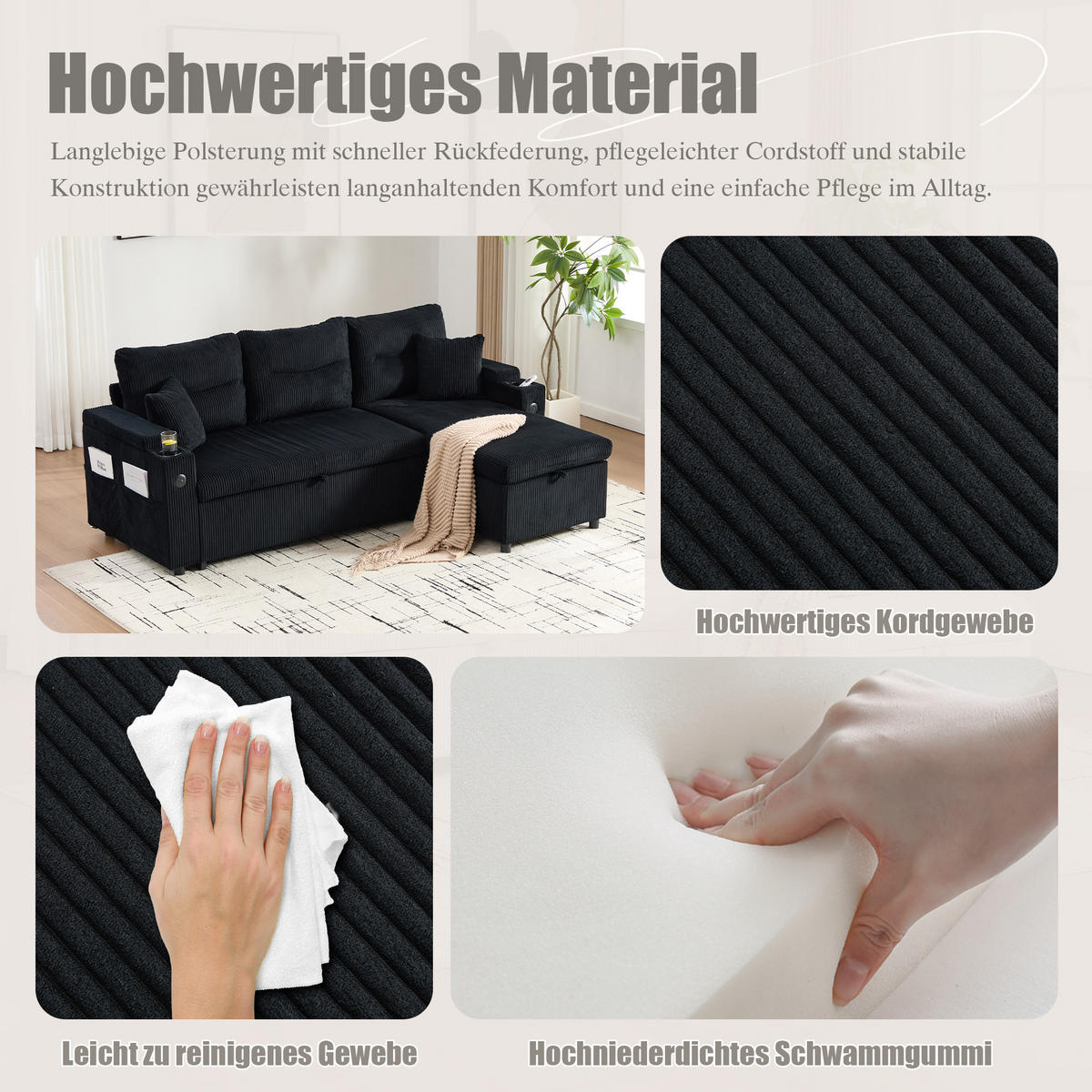 3-SITZER Eckschlafsofa Cord mit Stauraum und USB-Anschluss Schwarz 212,5/136/86 cm - Schwarz, Textil (136/212.5cm) - Redom