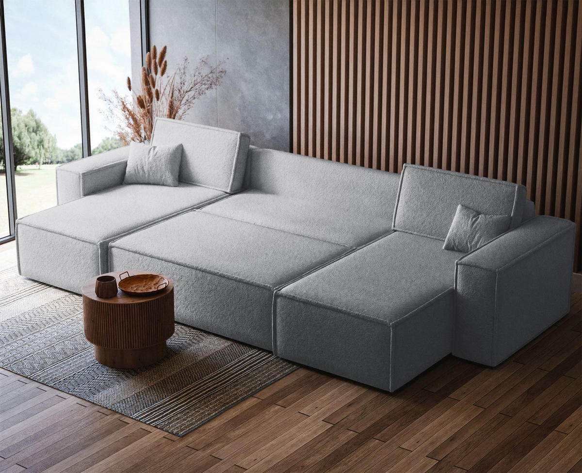 WOHNLANDSCHAFT Scarlo Hellgrau Bouclé-Bezug - Hellgrau/Schwarz, Kunststoff/Textil (312/83/145cm) - Selsey