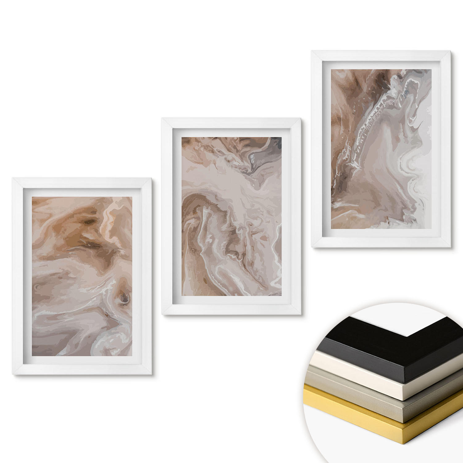 WANDBILDER 3er-Set - 20x30 cm Weißer Rahmen - Abstrakter Marmorstein - Weiß, Kunststoff (20/30cm) - ArtPrintCave