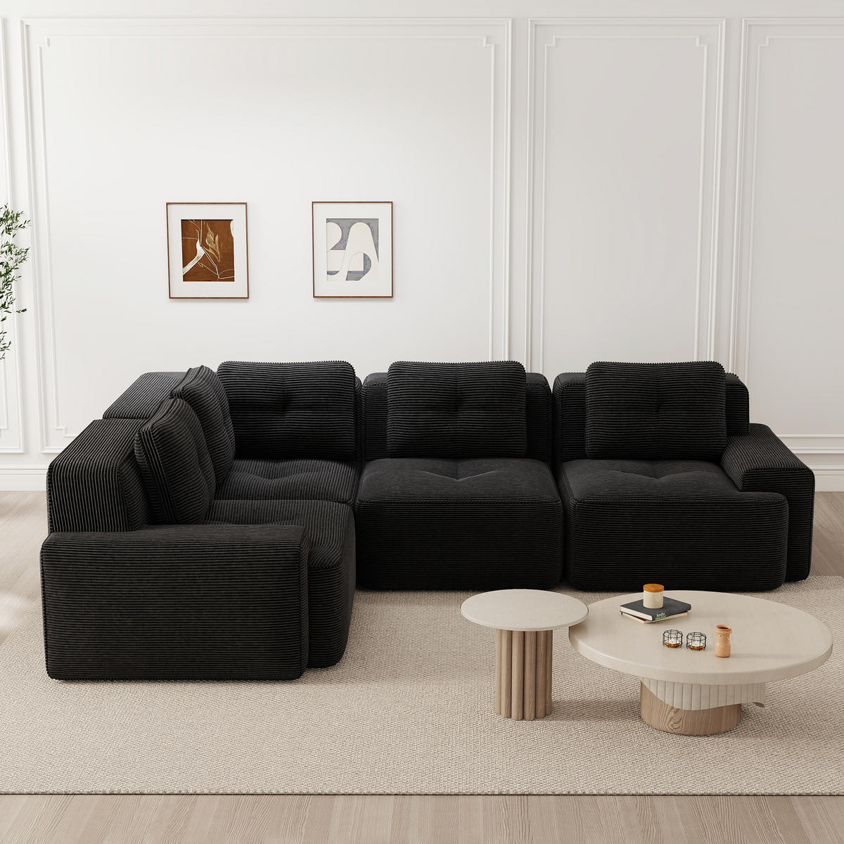 ECKSOFA aus Cord mit modularem Design Schwarz - Schwarz, Textil (104/382cm) - Modenvie