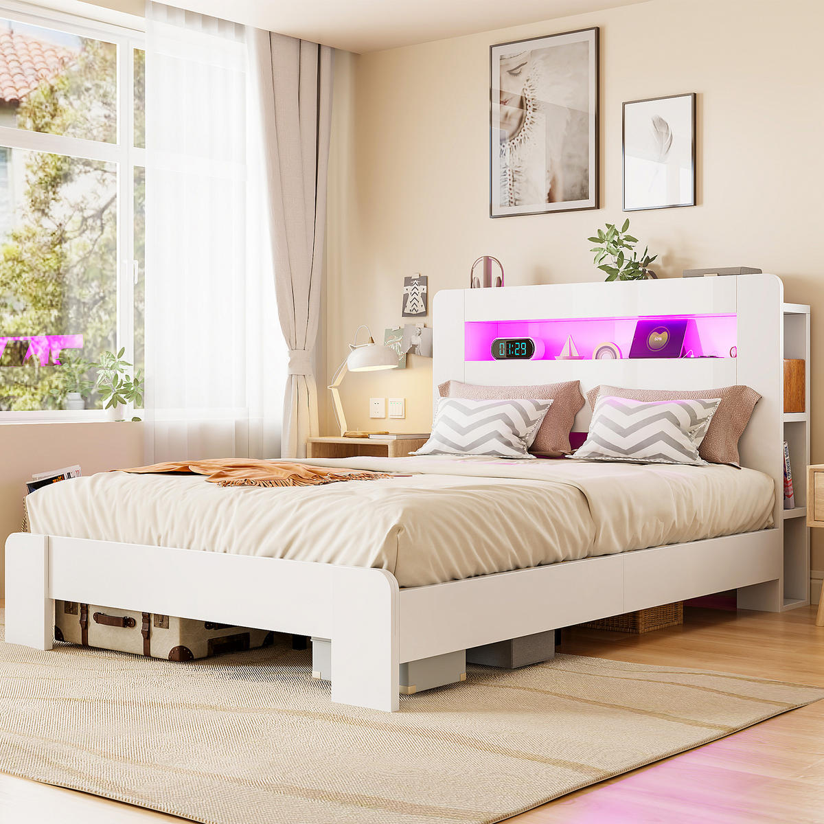RAHMENBETT 140/200 cm in Weiß mit Stauraum, LED und Steckdosen - Weiß, Holz/Holzwerkstoff (140/200cm) - WISHDOR