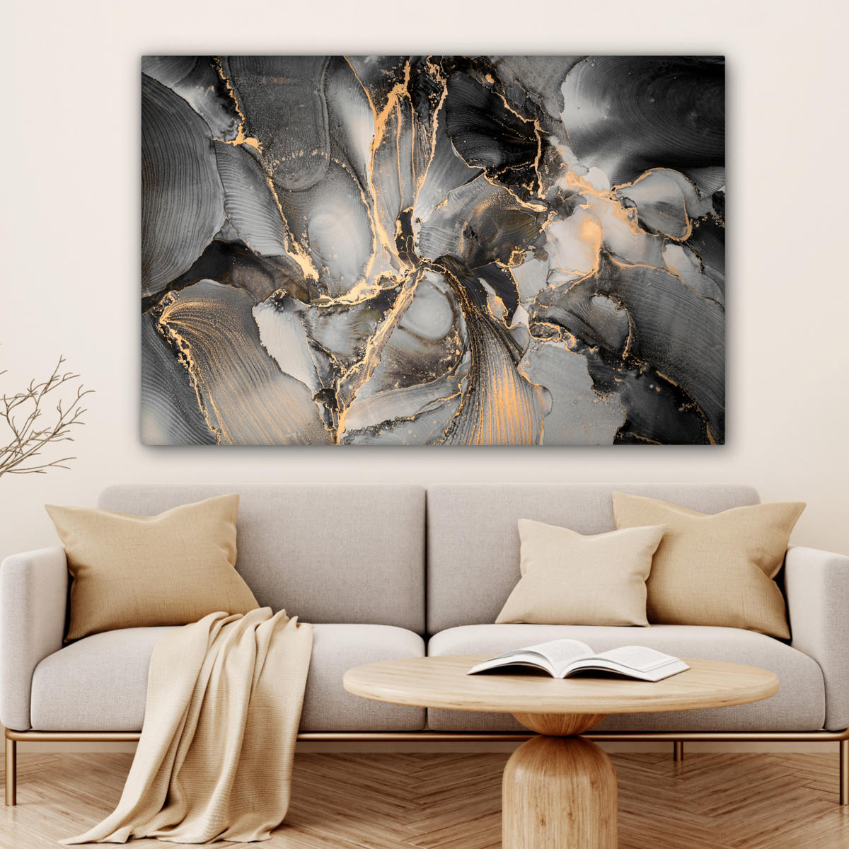 LEINWANDBILD Grau - Luxus - Gold - Marmor Groß 140x90 cm - Dunkelgrau, Textil (140/90cm) - MuchoWow