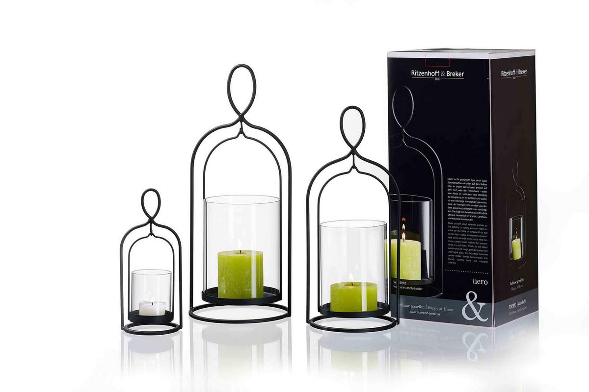 WINDLICHTER-SET Nero schwarz-transparent 3er Set - Transparent/Schwarz, Glas/Metall (2/2/2cm) - Ritzenhoff Breker