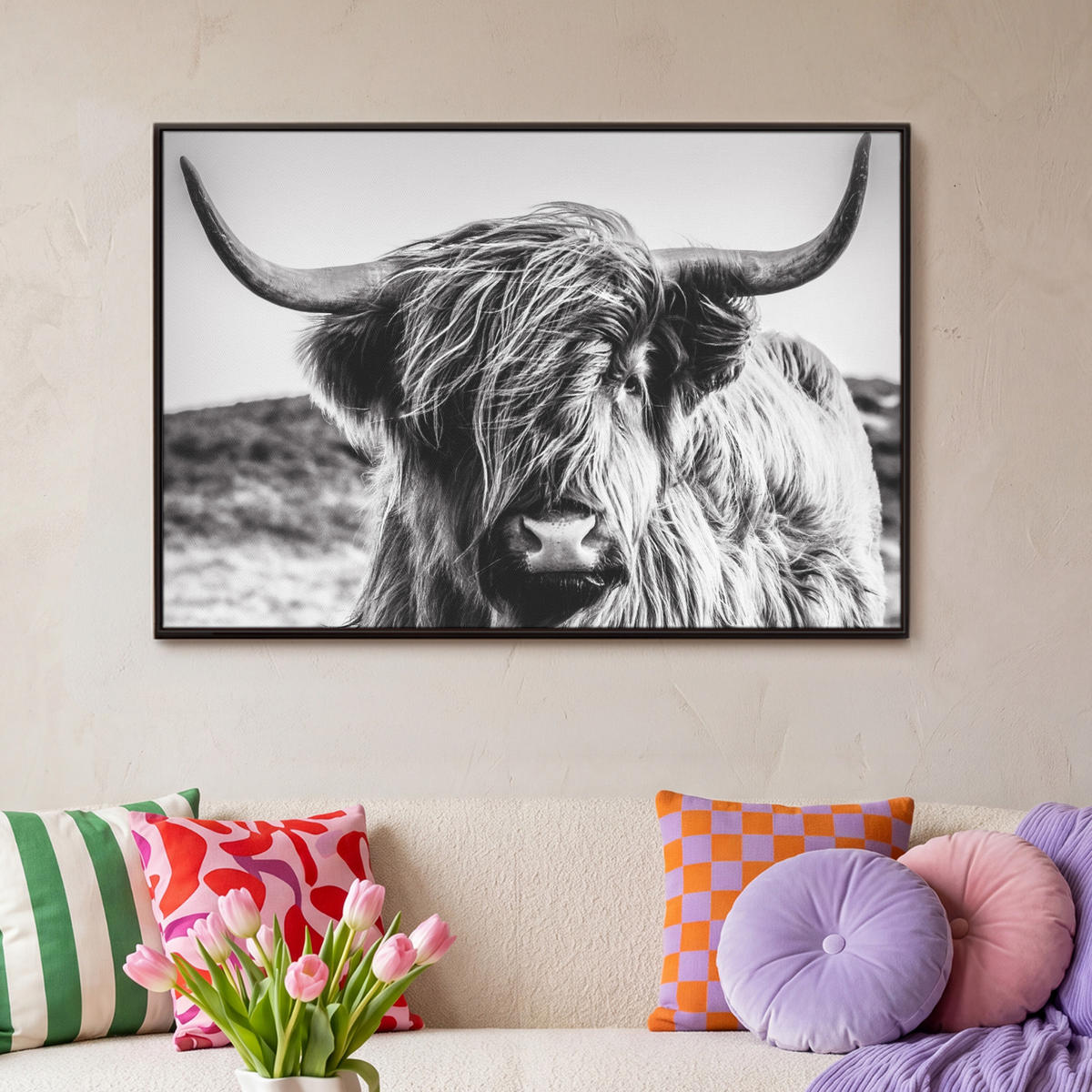 LEINWAND Bilder mit Rahmen - Kuh - Schottischer Hochländer - Schwarz - Weiß - Tier - Natur - Wildtiere - 90x60 - Schwarz, Textil (90/60cm) - MuchoWow