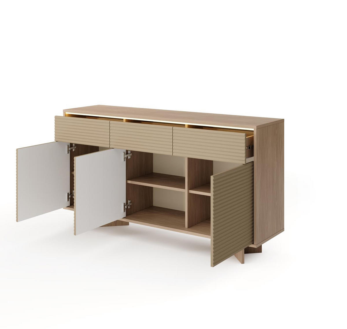 SIDEBOARD DEMI Cappuccino, Kombikommode mit Schubladen und LED-Beleuchtung - Cappuccino, Holzwerkstoff (154/84/40cm) - Bettso