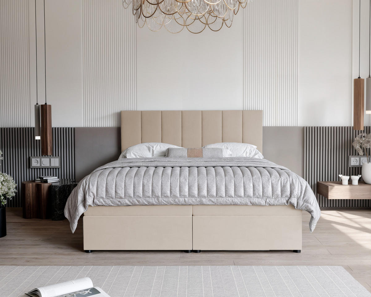 BOXBETT ZELTO 200/200 cm, mit Matratze und Topper, Hellbeige - Sandfarben, Holzwerkstoff/Textil (200/200cm) - Idohome