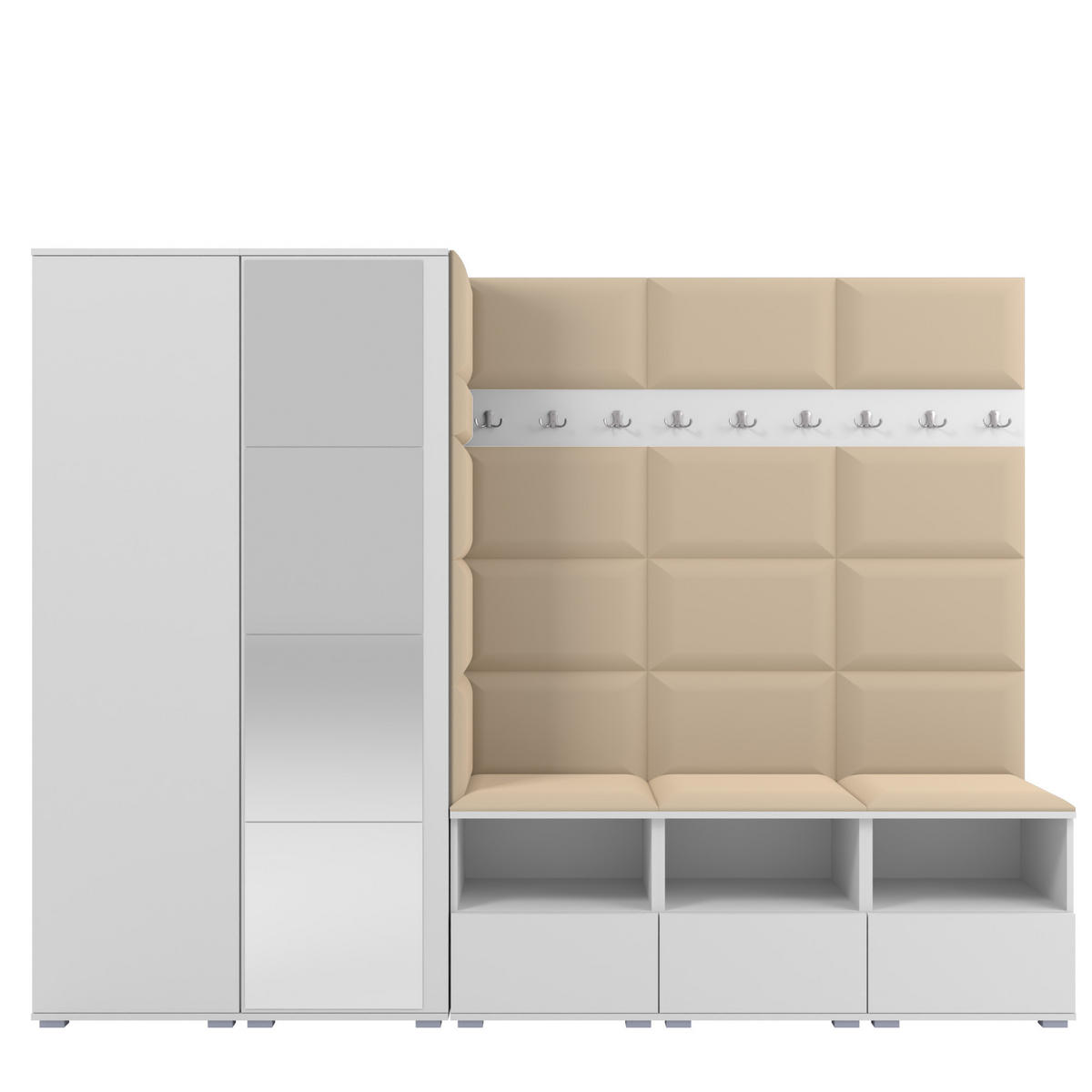 GARDEROBE NELA VII 250 cm (Modulare Flurmöbel XL Weiß mit Spiegel & Sitzpolster Beige 04 Universell) - Beige/Silberfarben, Holz/Holzwerkstoff (250/187/40cm) - Ravio