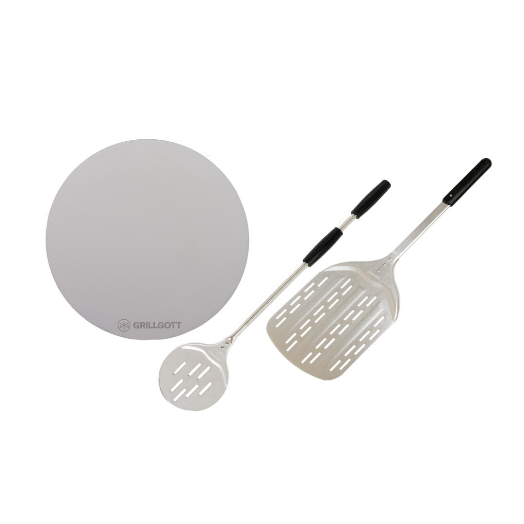 PIZZEBUNDLE (Pizzastein, Pizzaschieber, Pizzawender) - Edelstahlfarben, Kunststoff/Stein (38/80cm) - Grillgott