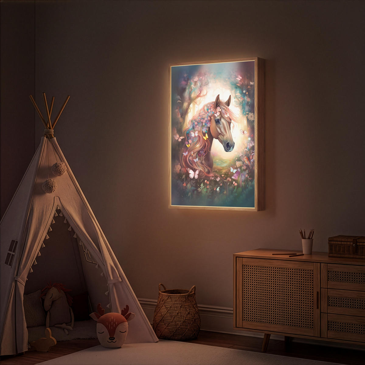 NÁSTĚNNÁ LAMPA S AKUMULÁTOREM Kůň - Příroda - Květiny - Motýli - Les 70x100 cm - tmavě hnědá, kompozitní dřevo (70/100/8cm) - OnlyWow