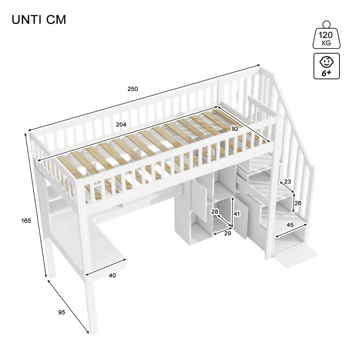 HOCHBETT 90x200cm Weiß LED-Licht Ablageleiter Regale Schreibtisch - Weiß, Holz (90/200cm) - FLIEKS