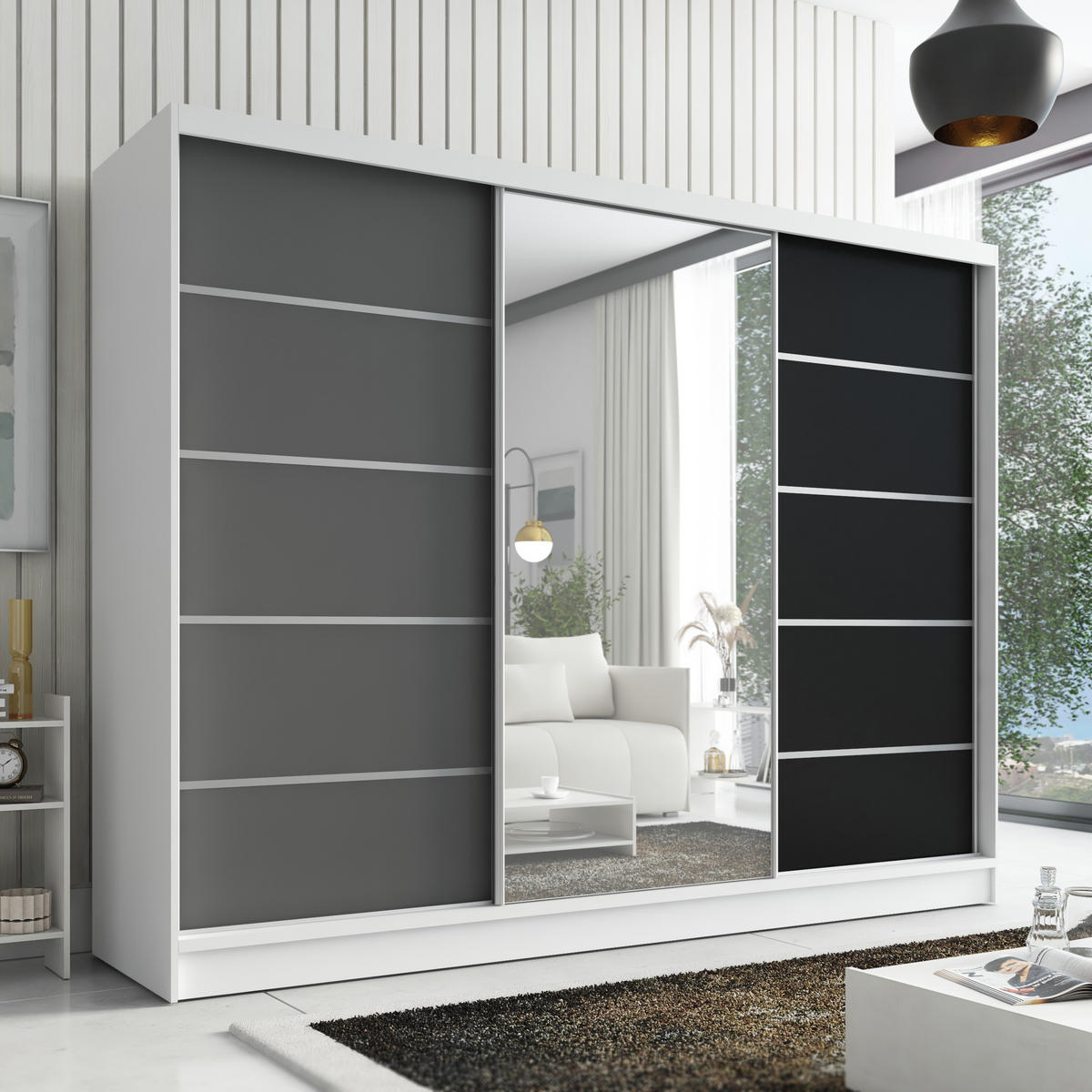 SCHWEBETÜRENSCHRANK 200 cm AURELIA 1 Farbe: Weiß, Graphit, Schwarz - Graphitfarben/Schwarz, Holzwerkstoff (200/215/60cm) - A&J MöbelLand