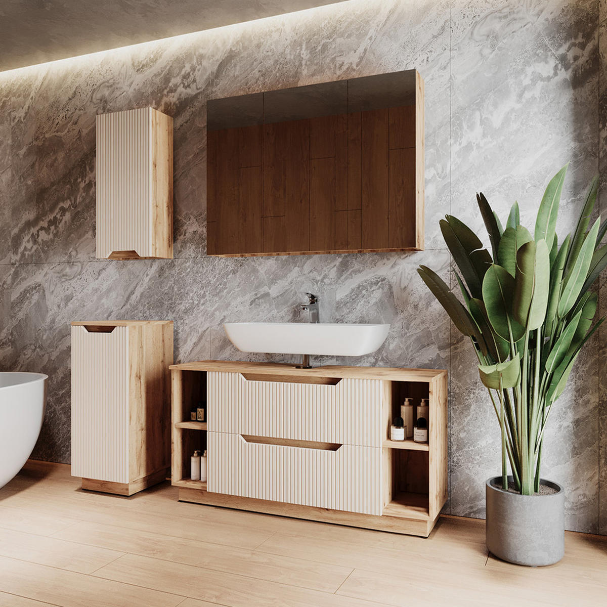 BADMÖBEL-SET Lotta Eiche/Kaschmir gestreift 4 Teile - Kaschmir/Eichefarben, Holzwerkstoff (119.2/62.5/35cm) - Vicco