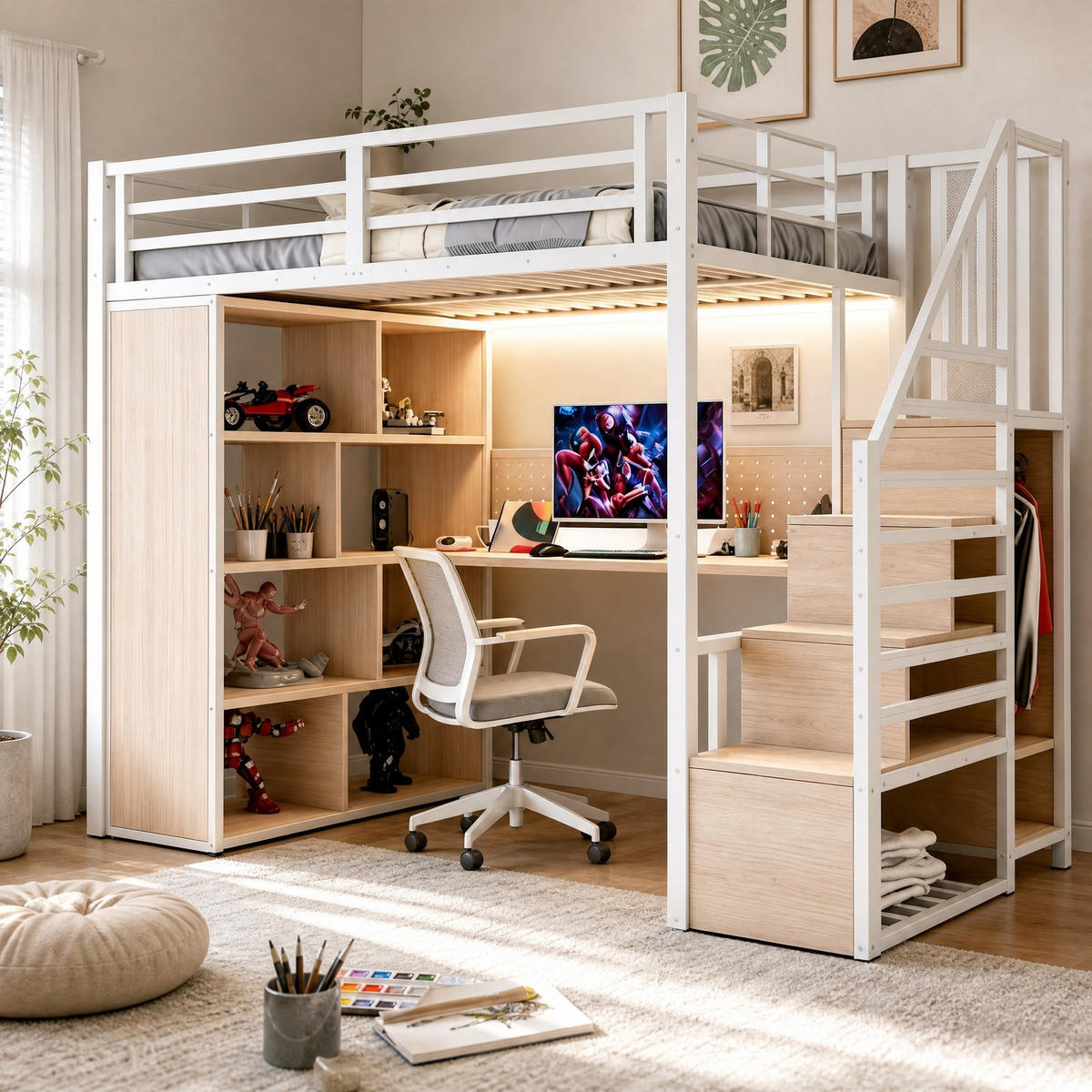 HOCHBETT 90/200 mit LED Schreibtisch und Steckdose in Weiß - Weiß, Holz/Holzwerkstoff (90/200cm) - EVRYAE