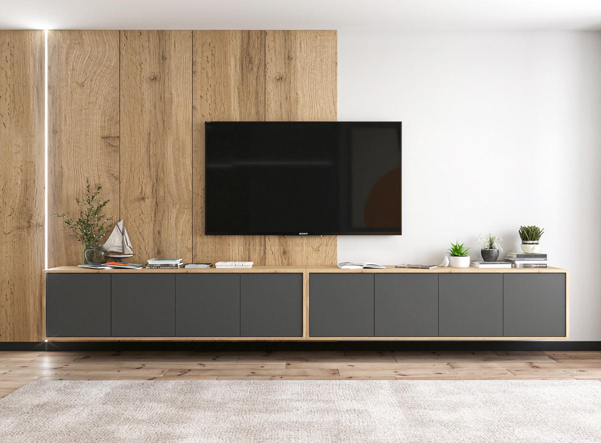 TV-LOWBOARD 2-er Set Apollo2 Eiche wotan Graphit Matt 150 cm - Graphitfarben, Holzwerkstoff (300/39/35cm) - Meble Lindner