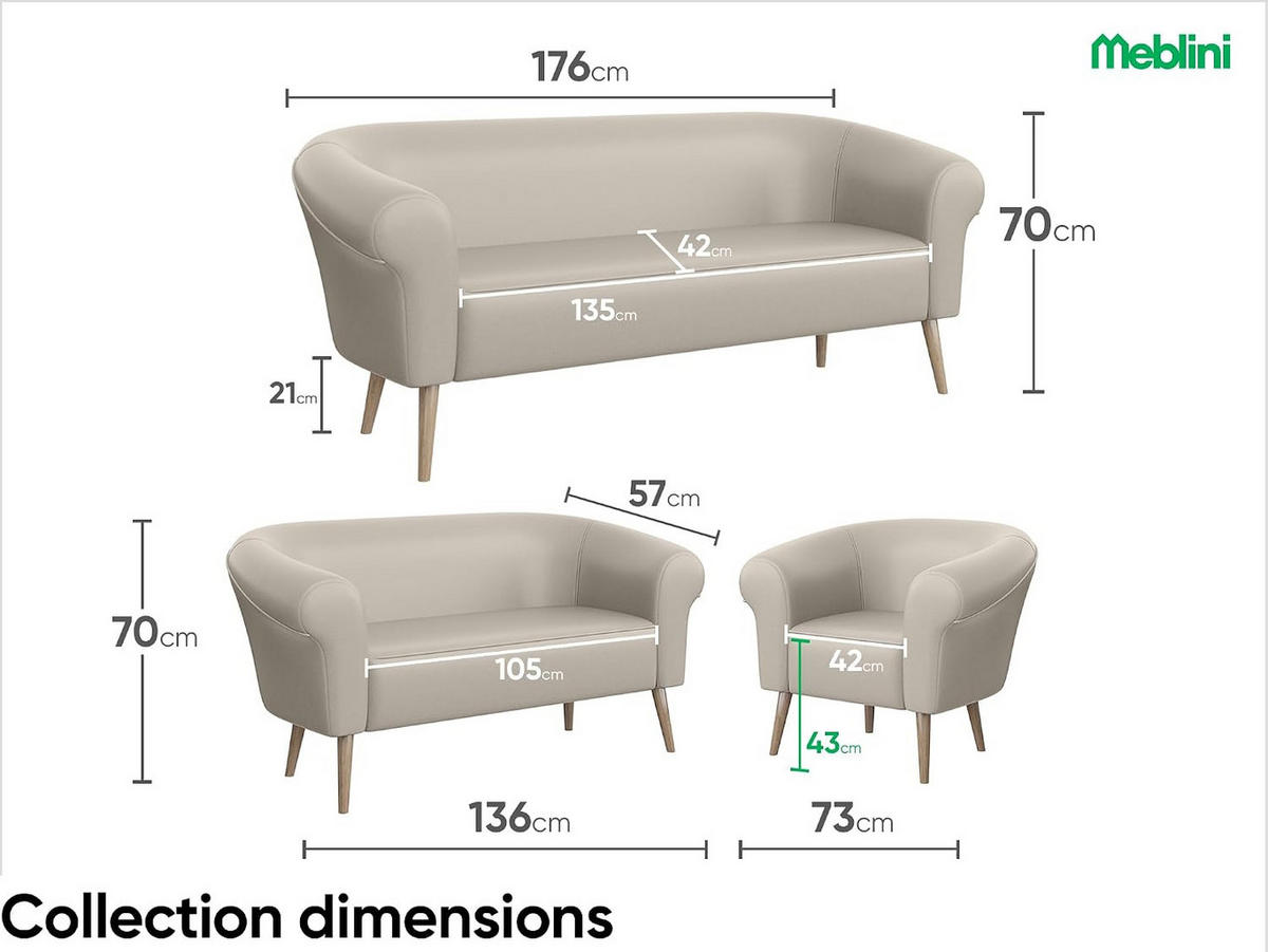 SOFA Emilia (3-Sitzer) - Beige/Buchefarben, Holzwerkstoff/Buchenholz (176/70/57cm) - Meblini