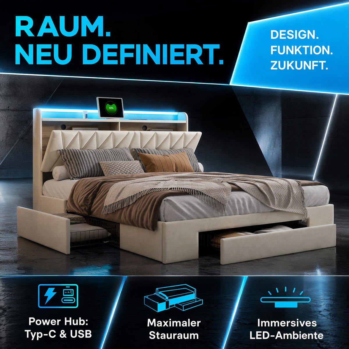 POLSTERBETT 140x200 cm mit 3 Schubladen, bett 140x200 mit USB und LED, Stauraum, Lattenrost, Samt, Beige - Beige, Holz/Textil (140/200cm) - GENKI LIVING