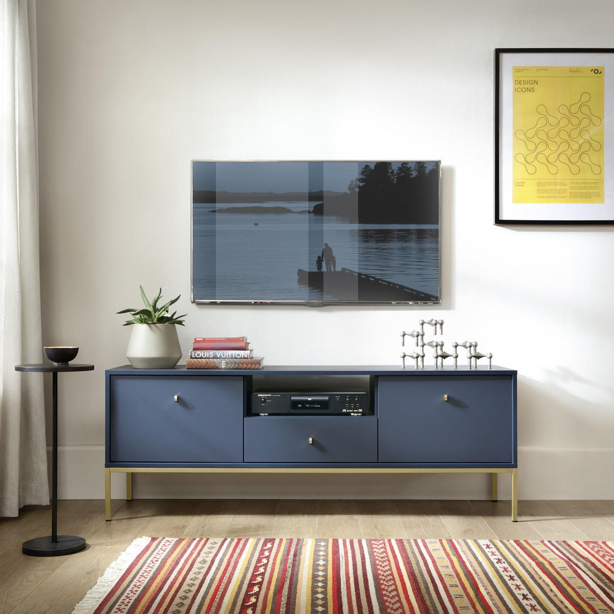 TV-BOARD BARI RTV2D1SZ (Blau, Goldene Griffe, Goldenes Gestell, Schublade) - Goldfarben/Dunkelblau, Holz/Holzwerkstoff (154/56/39cm) - Ravio