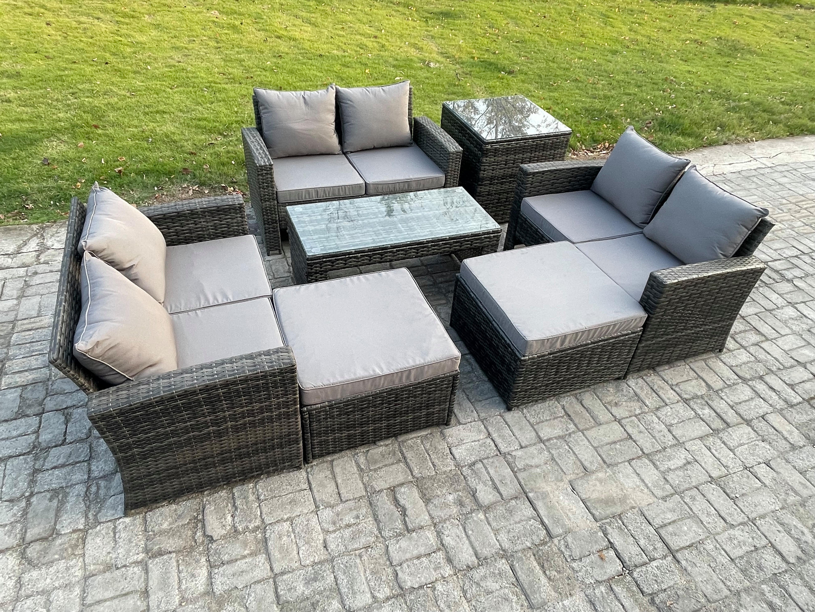 GARTENSOFA SET mit Couchtisch Polyrattan Dunkelgrau 8-Sitzer - Dunkelgrau, Metall - Fimous