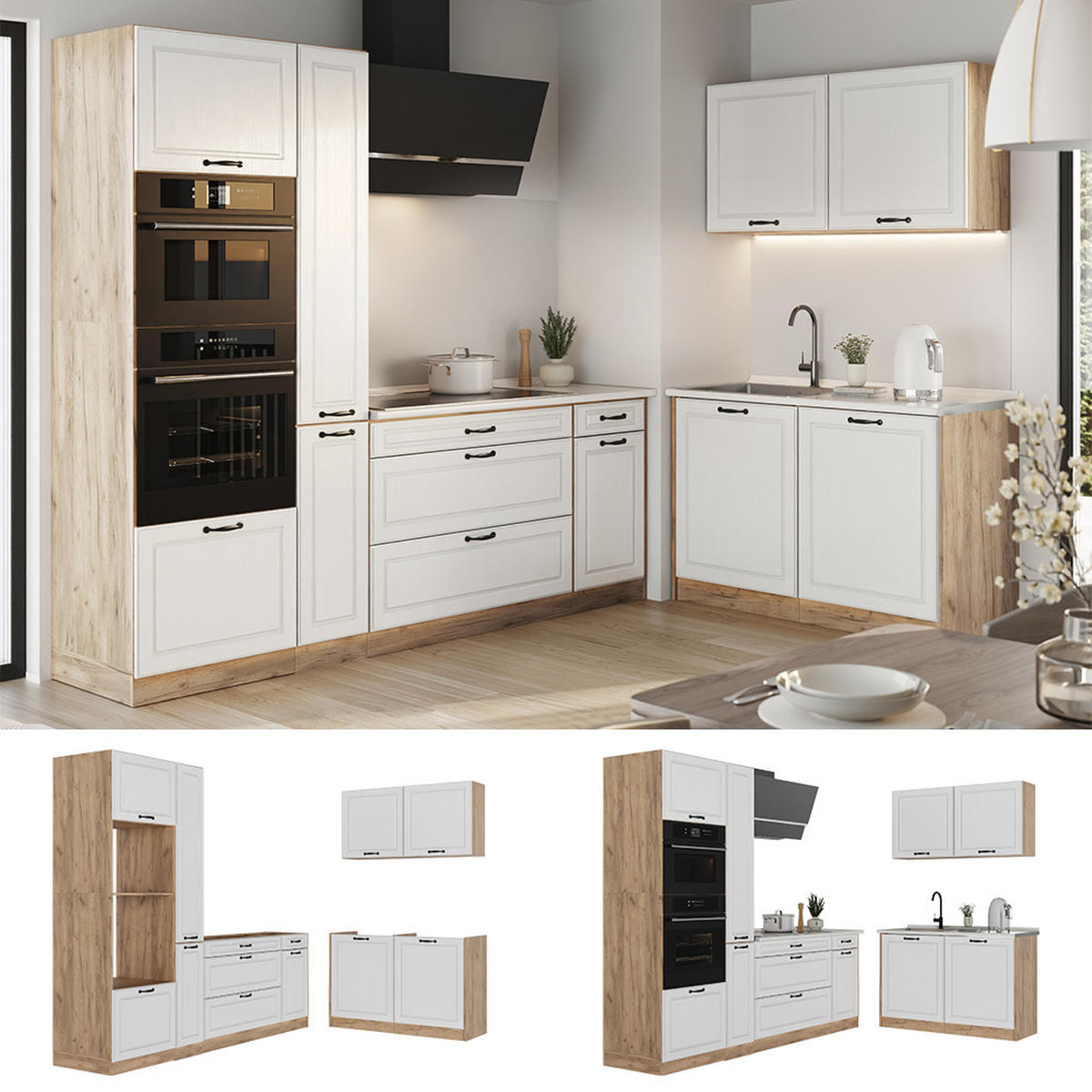 ROHOVÁ KUCHYŇA R-Line, Biely vidiecky dom/Dub Goldkraft, 230 x 120 cm Marmori työtaso - biela/dub medový, kompozitné drevo (230/206.8/60cm) - Vicco