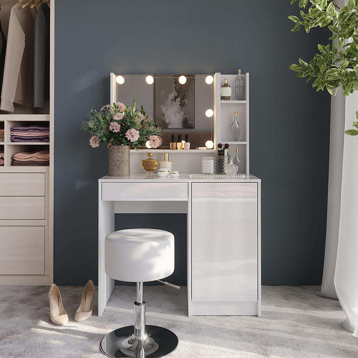 SCHMINKTISCH Sherry Weiß/Weiß Hochglanz 89.8 cm 5 Teile - Weiß Hochglanz, Holzwerkstoff (89.8/76/50.1cm) - Vicco
