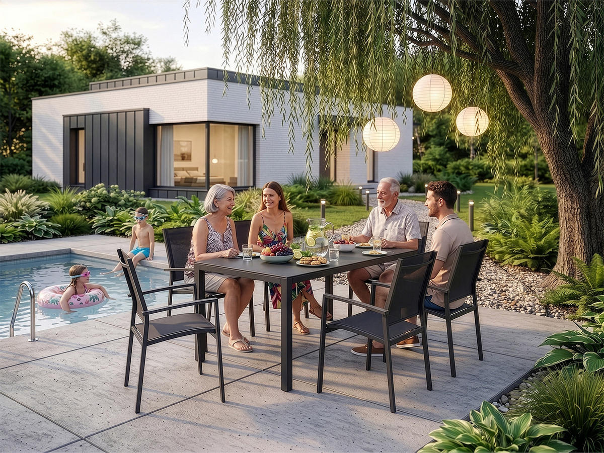 GARTENMÖBEL-SET mit 1 Esstisch und 6 Esszimmerstühlen. Anthrazit und Grau - Anthrazit, Metall - Home Collective