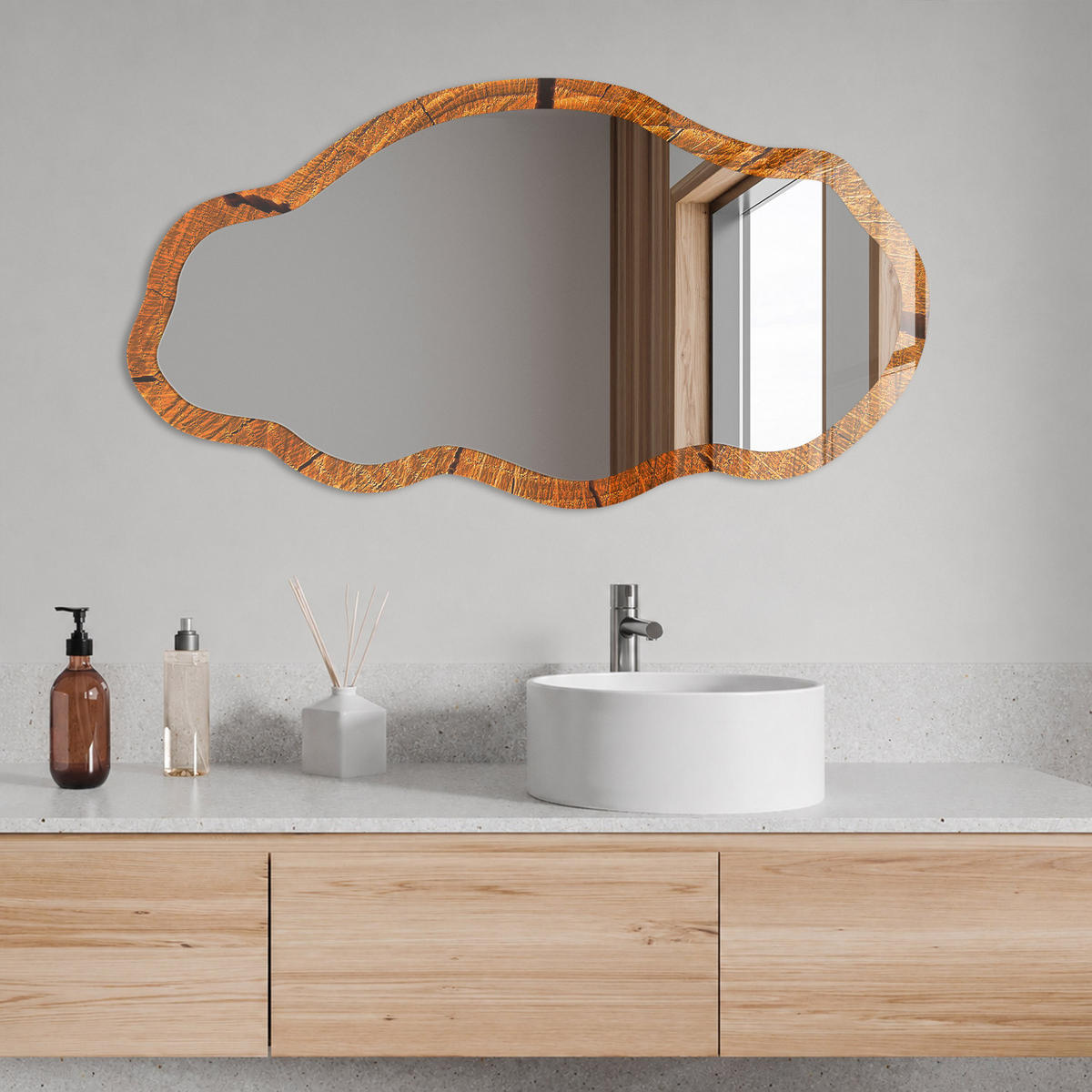 SPIEGEL 90x45 cm asymmetrisch mit Druck - Holzkonstruktion - Transparent, Glas (45/90/0.4cm) - TULUP