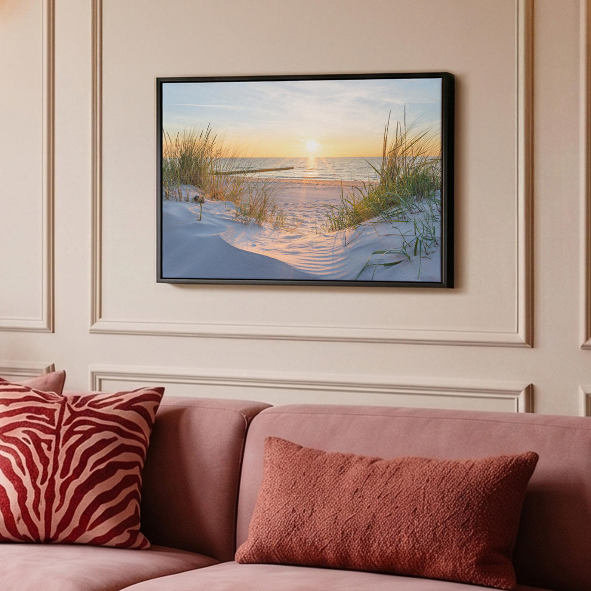 LEINWAND Bilder mit Rahmen - Strand - Sonne - Düne - Gras - Sand - Horizont - 60x40 - Hellblau, Textil (60/40cm) - MuchoWow