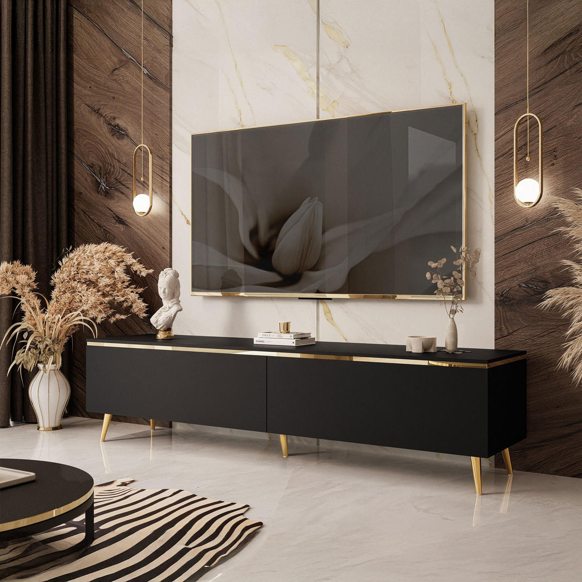 TV-LOWBOARD AURORA Schwarz Matt mit gerade Goldchrom Fuße - Goldfarben/Schwarz, Holzwerkstoff/Metall (180/45/40cm) - Lookway