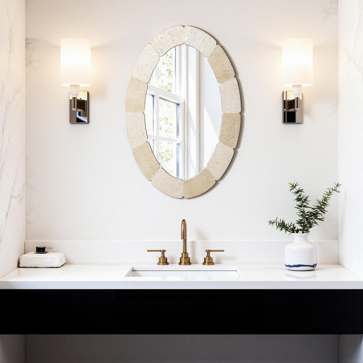 78CM H Ovaler Wandspiegel mit Polyharzrahmen Geeignet für Badezimmer, Wohnzimmer, Schlafzimmer usw. Moderner Boho-Stil - Beige/Akaziefarben, Glas/Kunststoff (78/3.5/52cm) - Hometopia