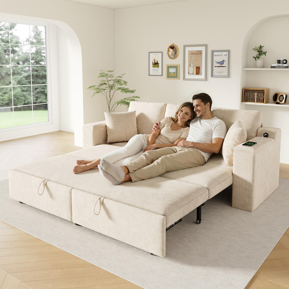SCHLAFSOFA mit Schlaffunktion, Stauraum, USB & Type-C in Beige - Beige, Textil (210.5/93/192cm) - EVRYAE