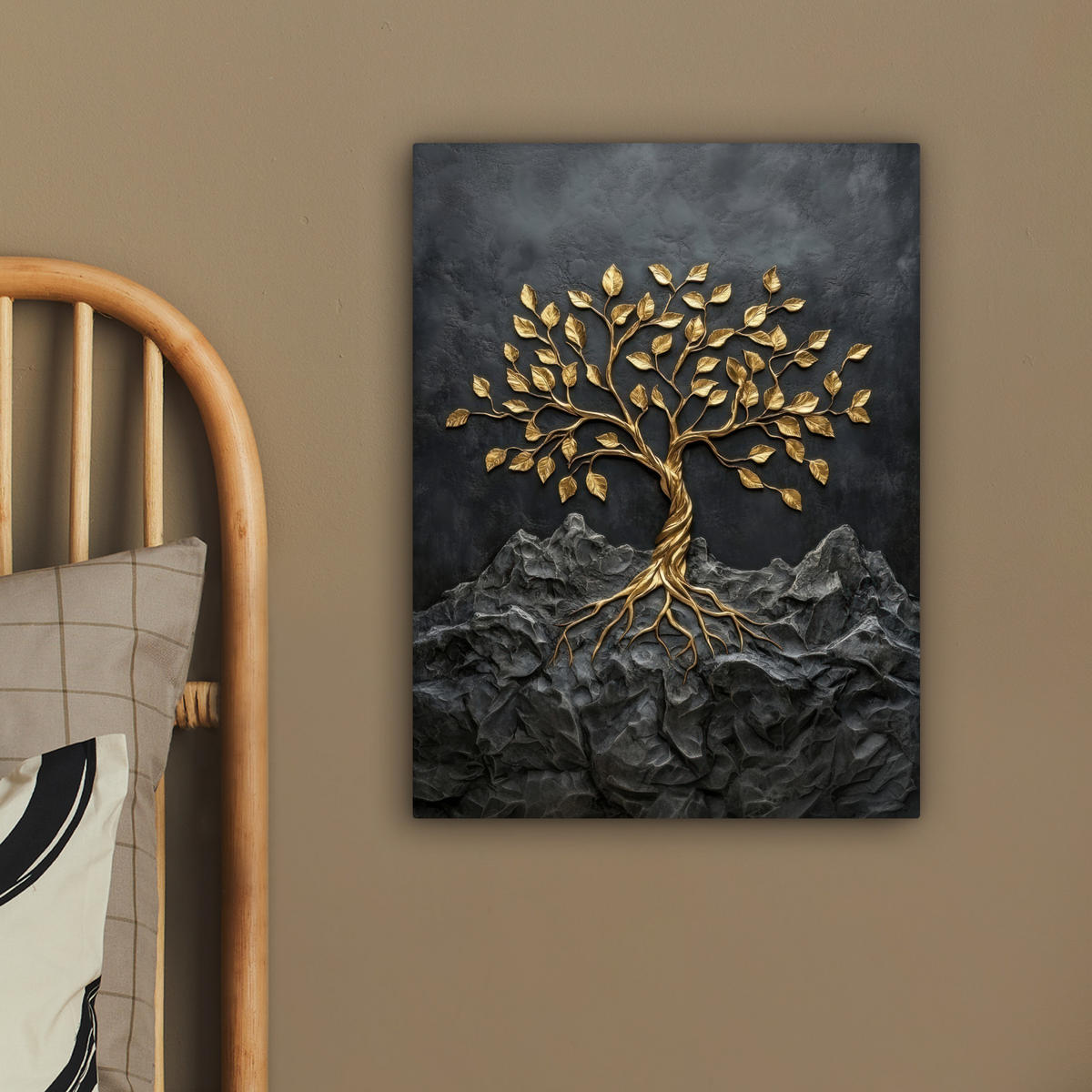 LEINWANDBILD Blätter - Gold - Baum - Fels Room Decor 30x40 cm - Schwarz, Textil (30/40cm) - MuchoWow