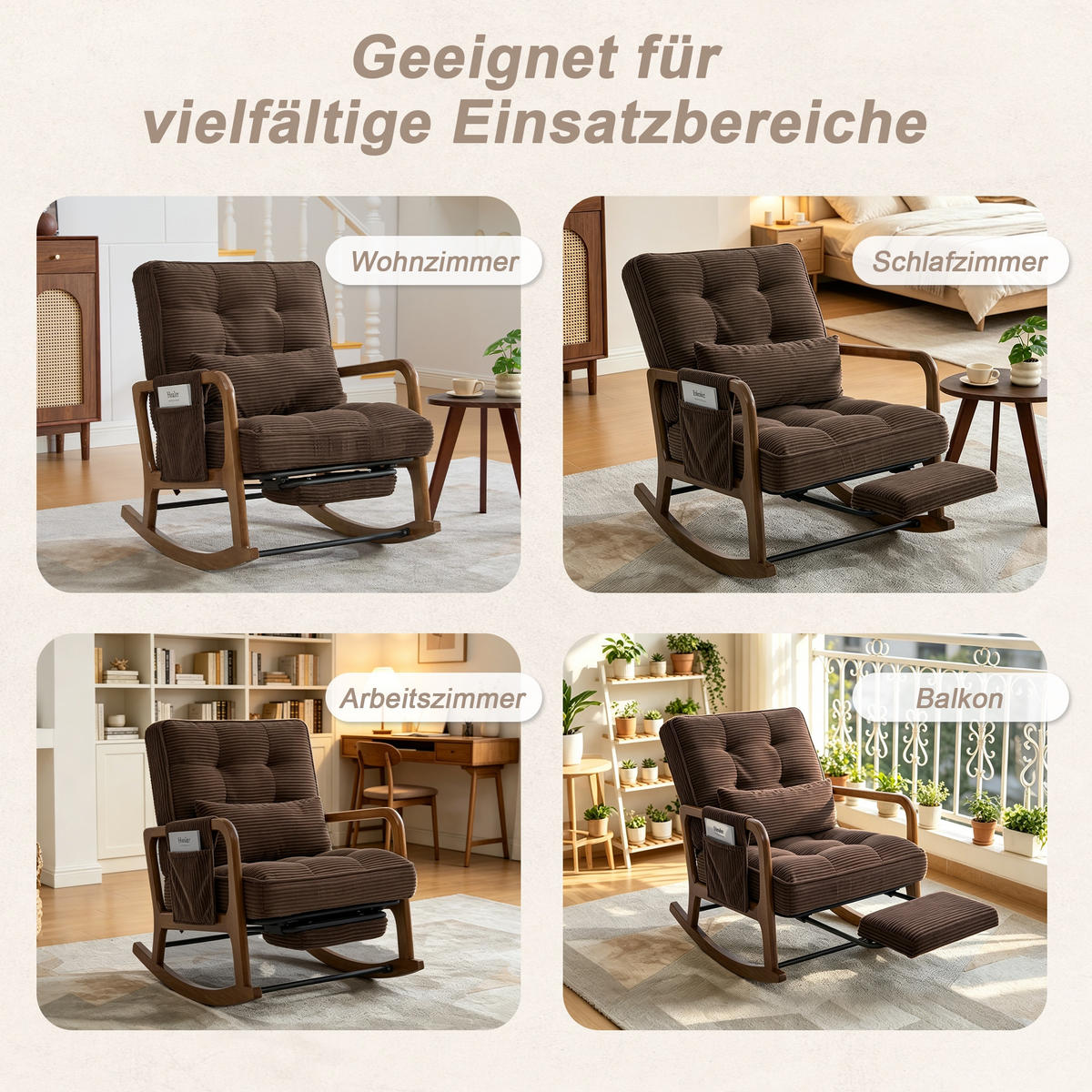 SCHAUKELSTUHL Kaffee Cord mit Fußstütze, Seitentaschen und verstellbarer Lehne - Mokka, Textil (80/92/70cm) - Oxeza