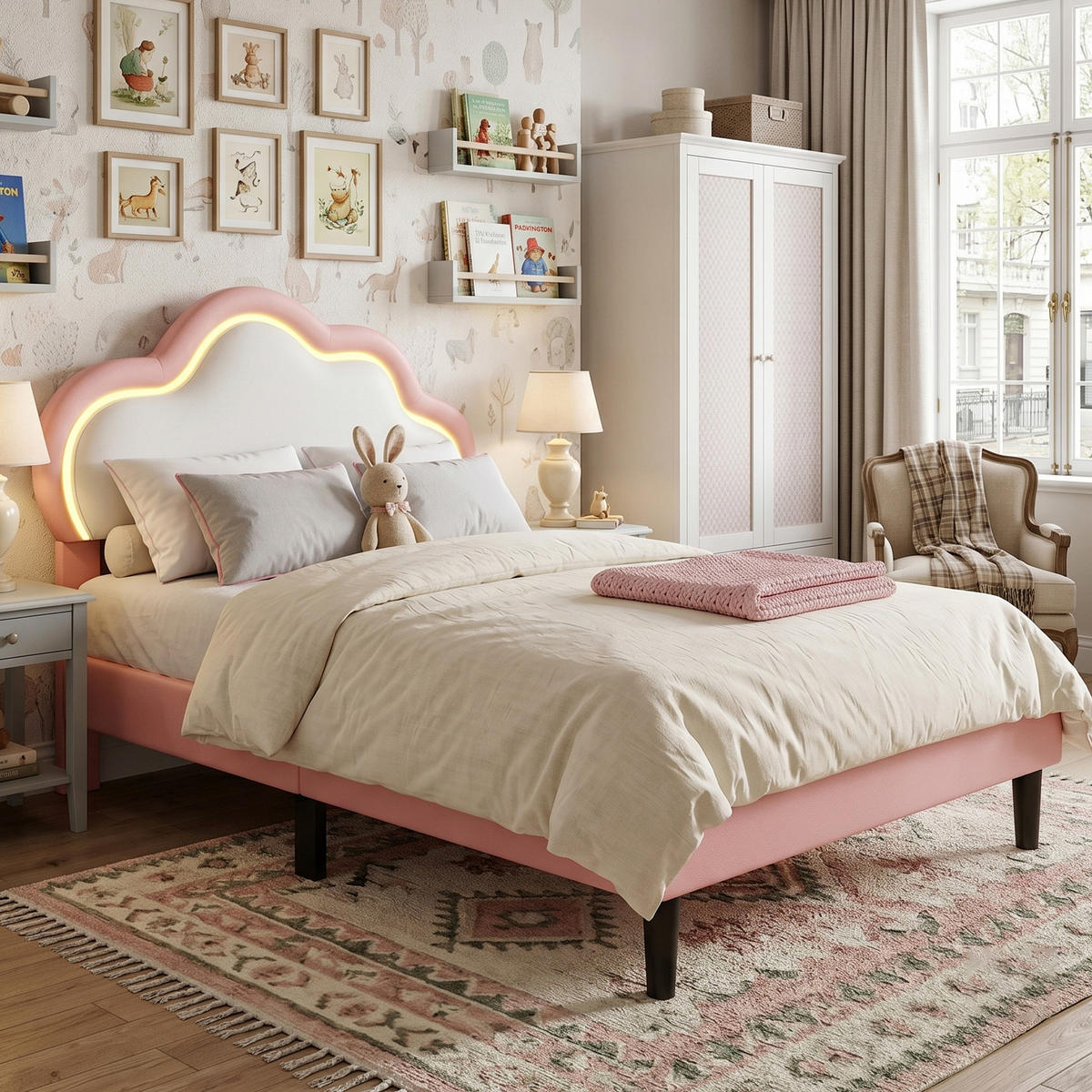 POLSTERBETT Modern mit RGB-LED & Wolken-Kopfteil 90/200 cm PU-Leder Weiß/Rosa - Pink, Textil (90/200cm) - Creahappy