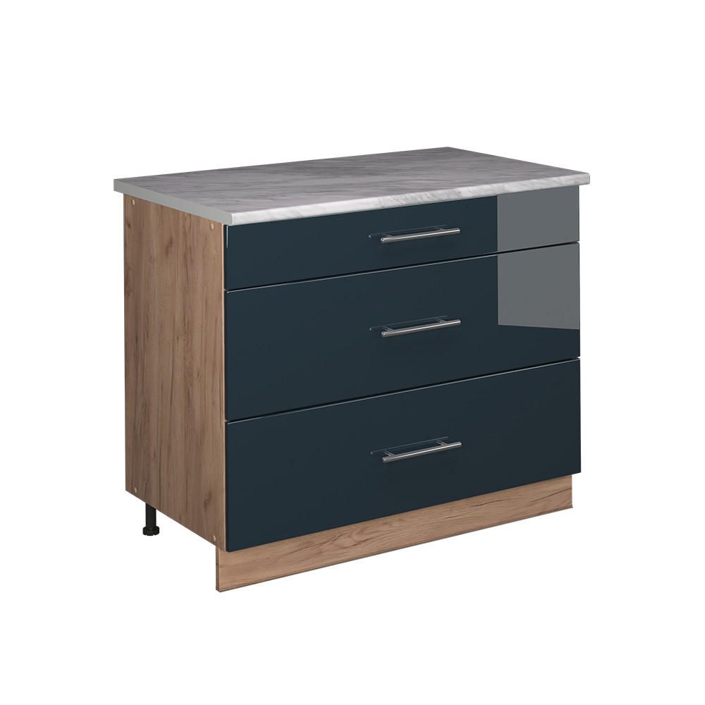 KÖKSUNDERSKÅP Fame-Line, Mörkblå högblank/Goldkraft ek, 100 cm, AP Marble Mörkblå, Honungsek 82/100/60 cm