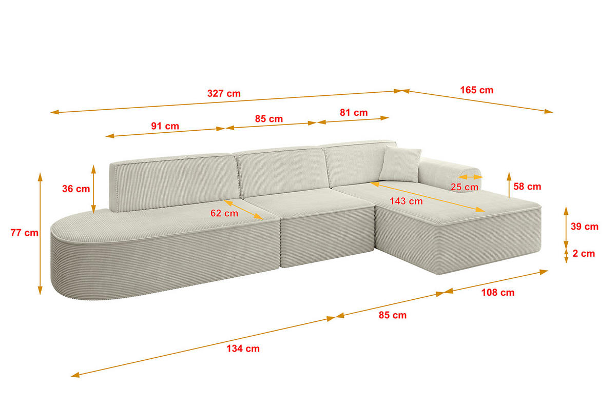 ECKSOFA Ottomane Rechts IREA-L2-v3 - 327x165x77 cm Hellgrau - Ecru, Holzwerkstoff/Textil (327/165cm) - ALTDECOR