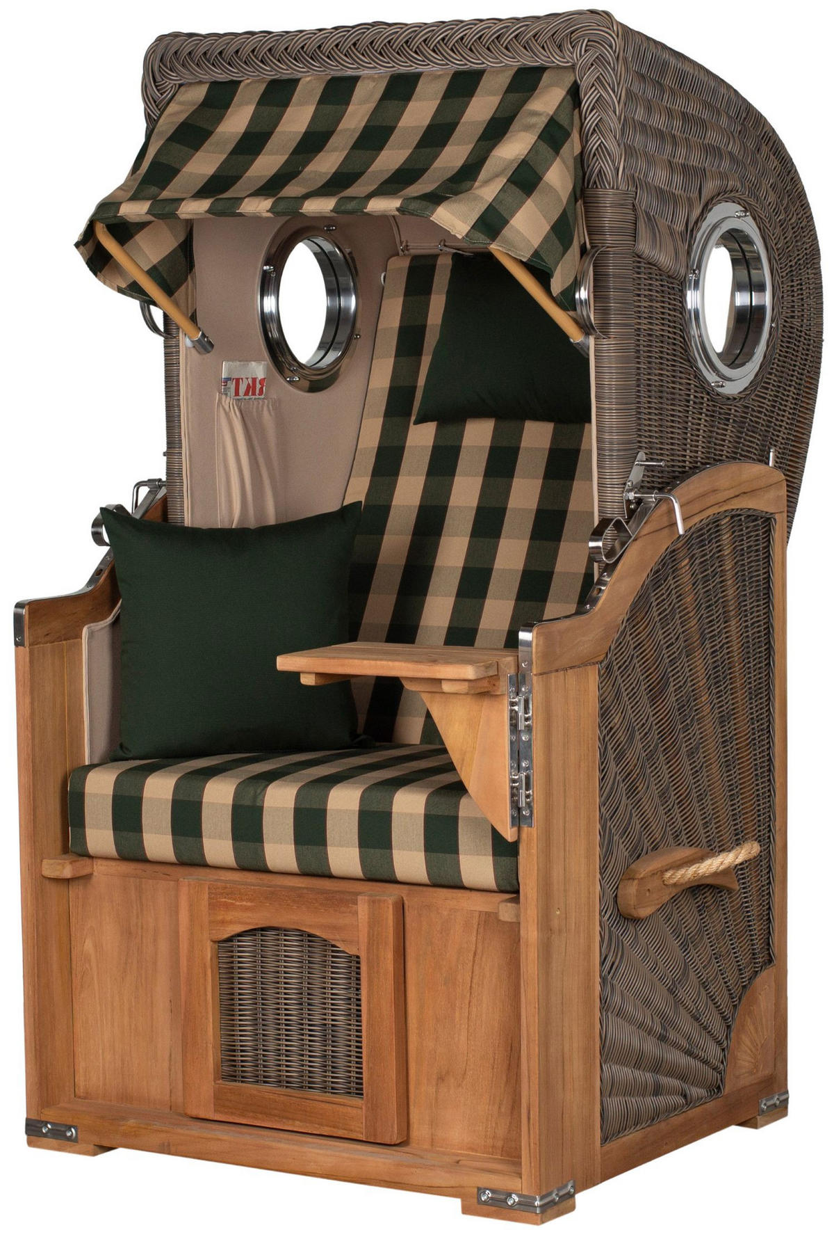 STRANDKORB Komplettset: Ammersee Single Teak Bullauge - PE grau - Modell 506 - Beige/Grün, Holz/Kunststoff (96/165/80cm) - bene living