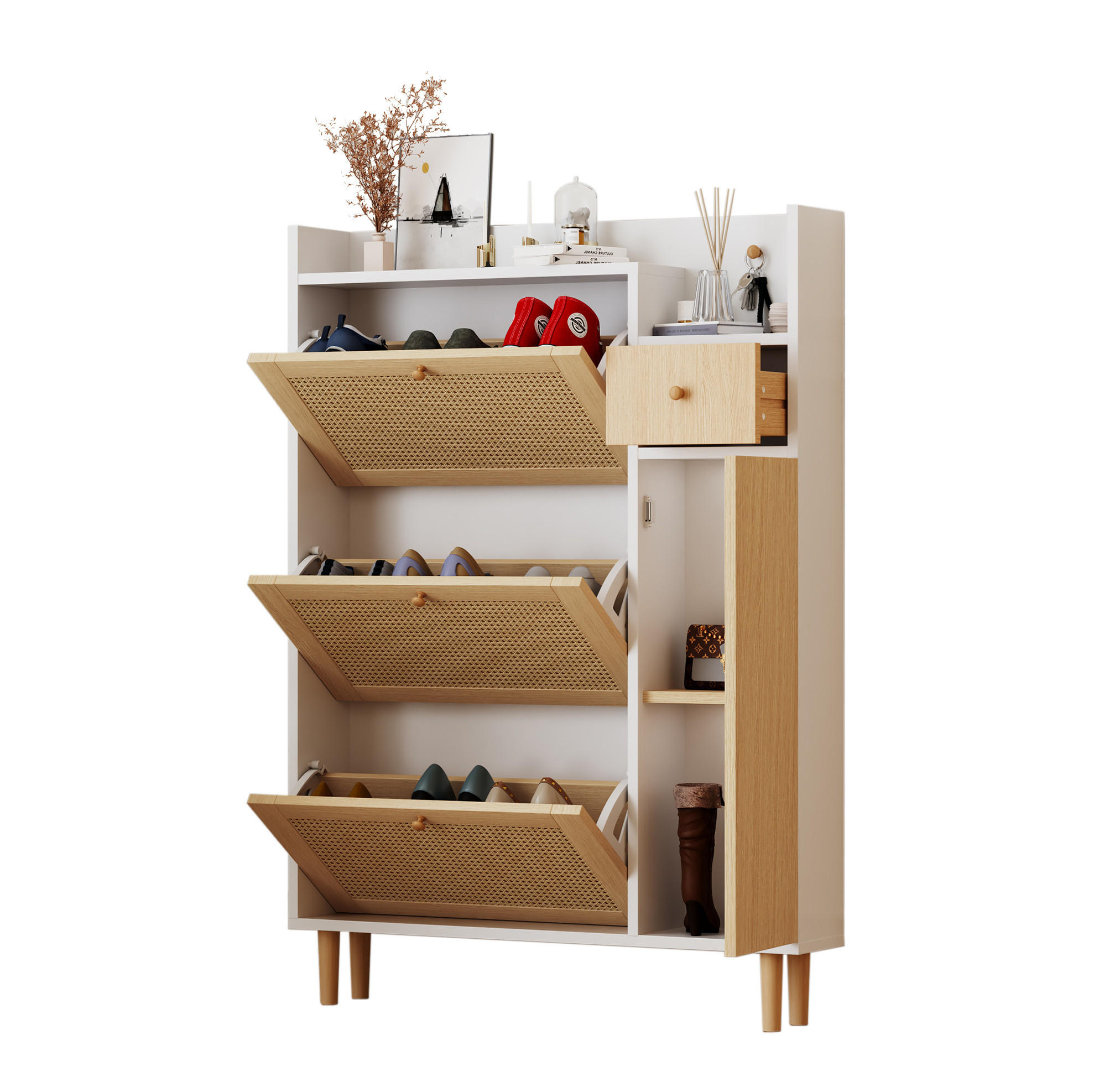 OKWISH BOTNÍK 90/125/17 cm přírodní/bílý z MDF s výklopnými dvířky a zásuvkou