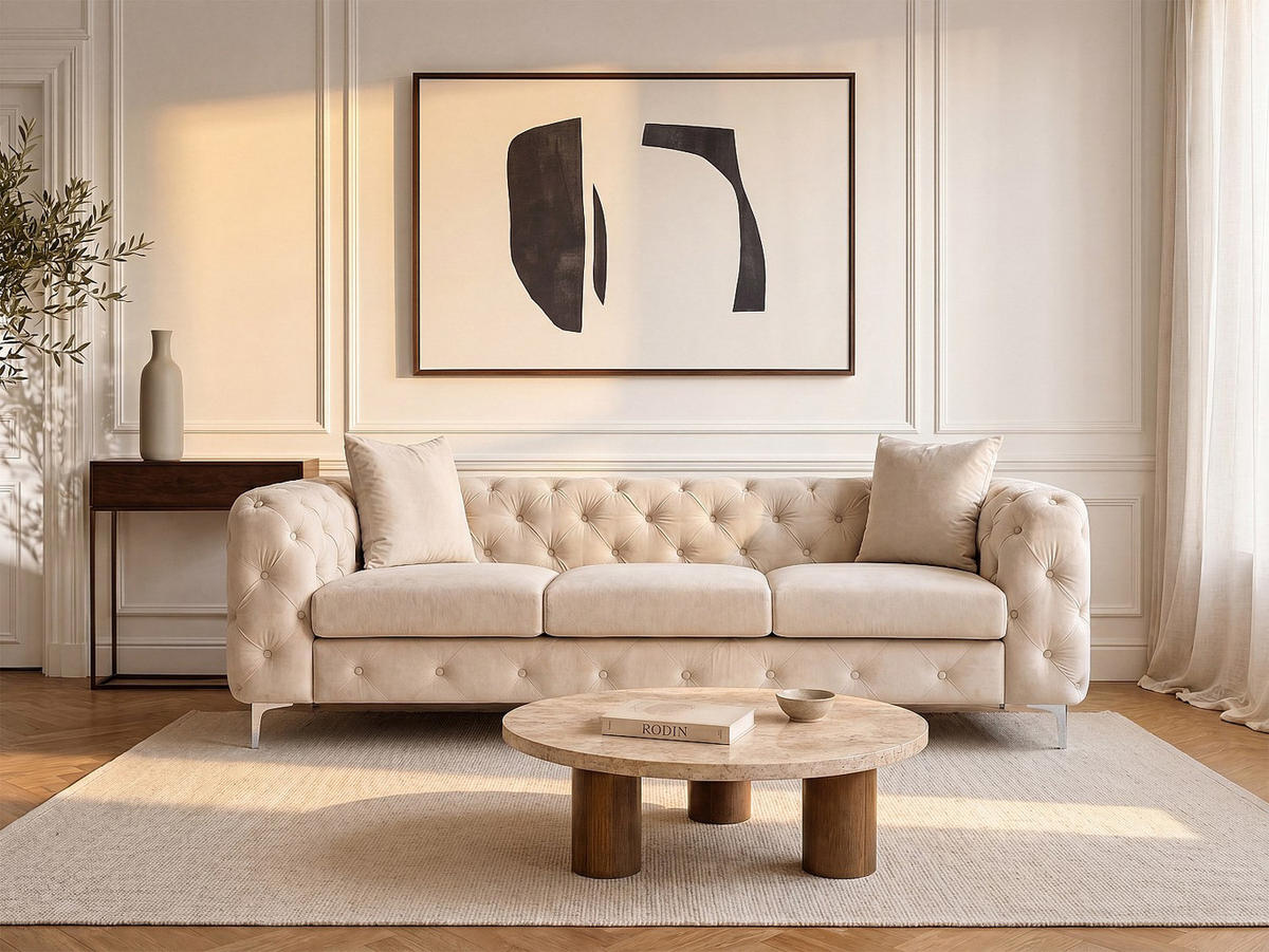SOFA - 3 Personen - samt - beige Edwina - Beige, Textil (220/76/91cm) - Vente-Unique